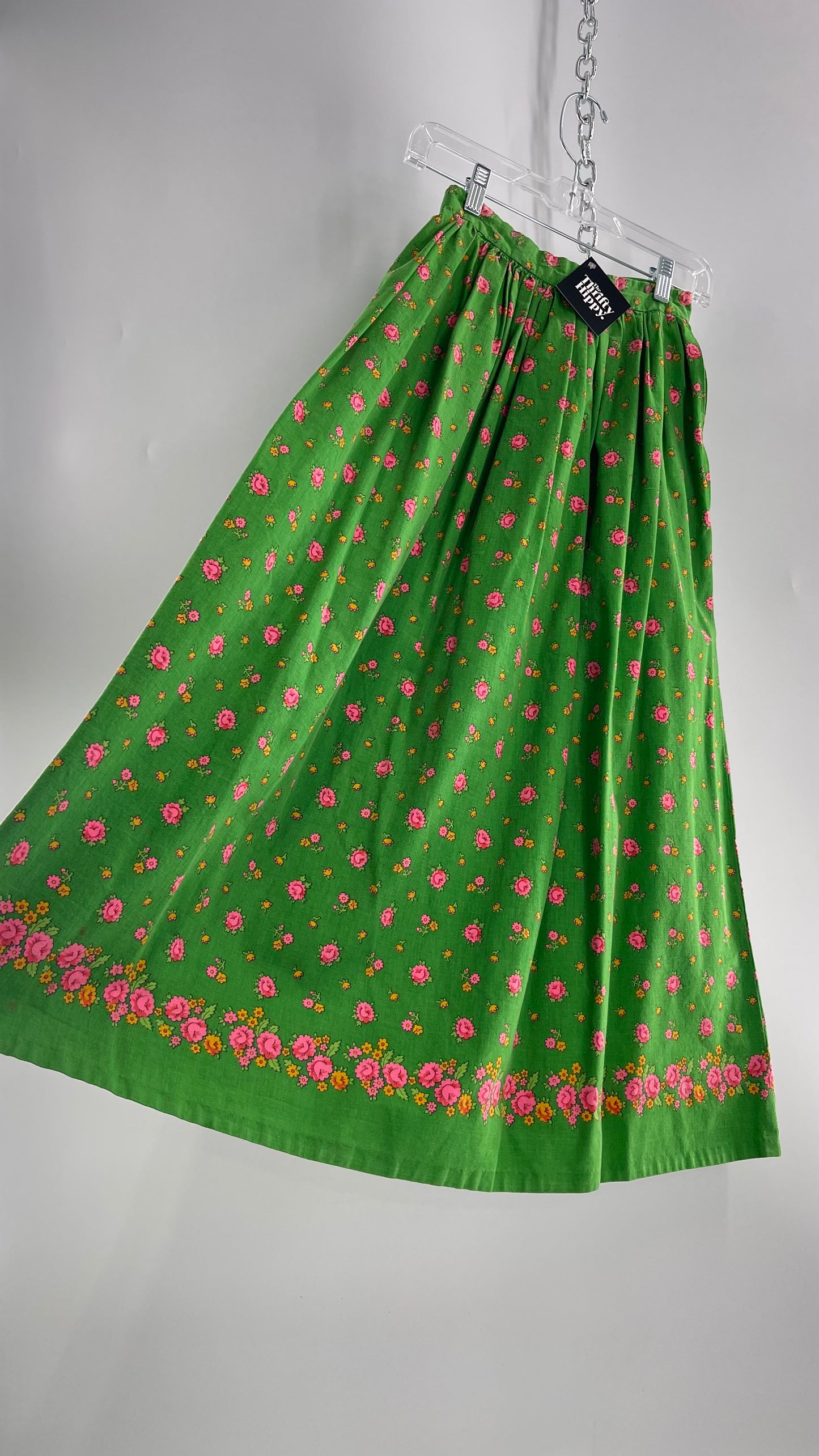 Vintage Imported Cotton Kelly Green Skirt with Pink Roses (XS)