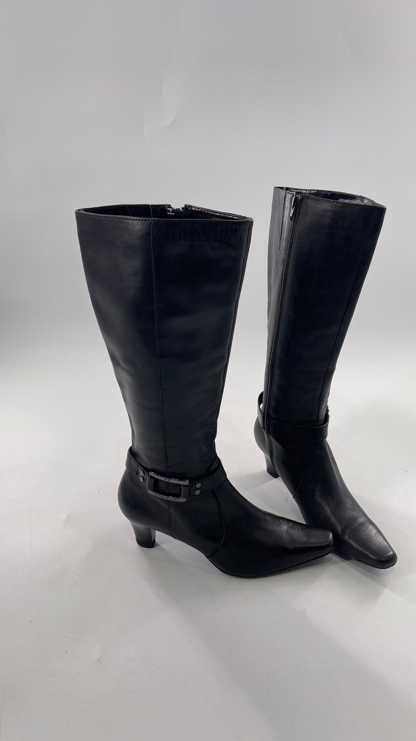 Vintage Black Anne Klein Leather Knee High Boots with Pointed Toe and Ankle Metal Buckle Detail (8)
