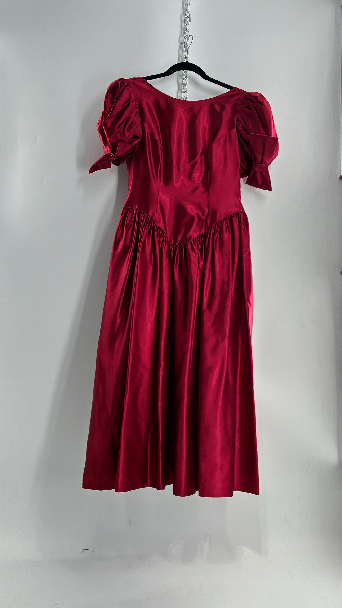 Vintage Red Silky Satin Corset Style Dress with Sweetheart Neckline, Puff Sleeves, Oversized Bow Bum, Open Back and Draping Pearls (10P)