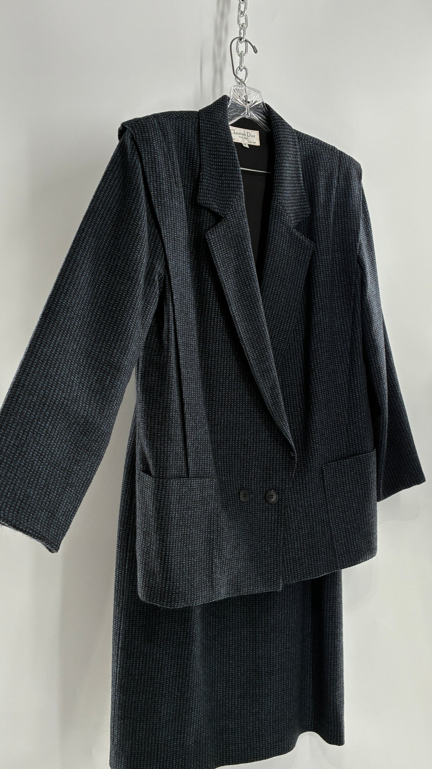 Vintage CHRISTIAN DIOR Navy Woven Maxi Skirt and Oversized Lapel Style Blazer with Padded Shoulders (8)