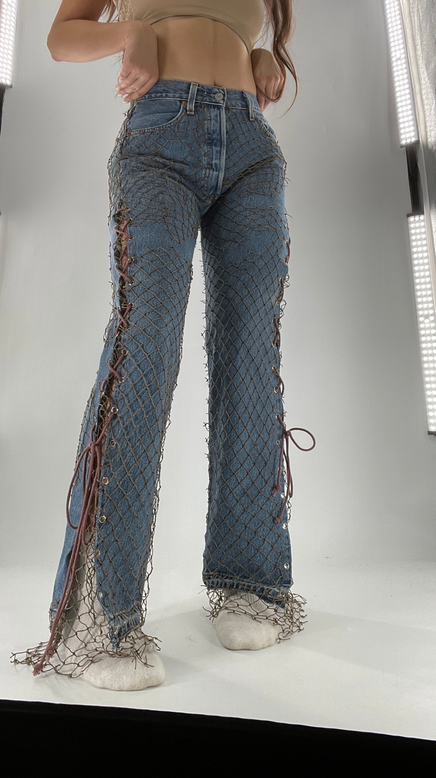 Custom - Fishnet Levi’s with Grommets and Lace Up Sides (Waist 29 Length 30) Fits Like a 26*