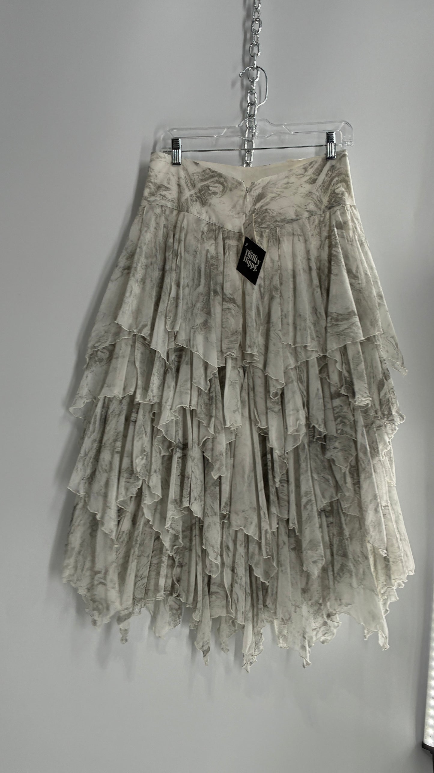 Free People Layered, Tiered Voluminous White and Grey Watercolor Full Skirt with Tags Attached (4)
