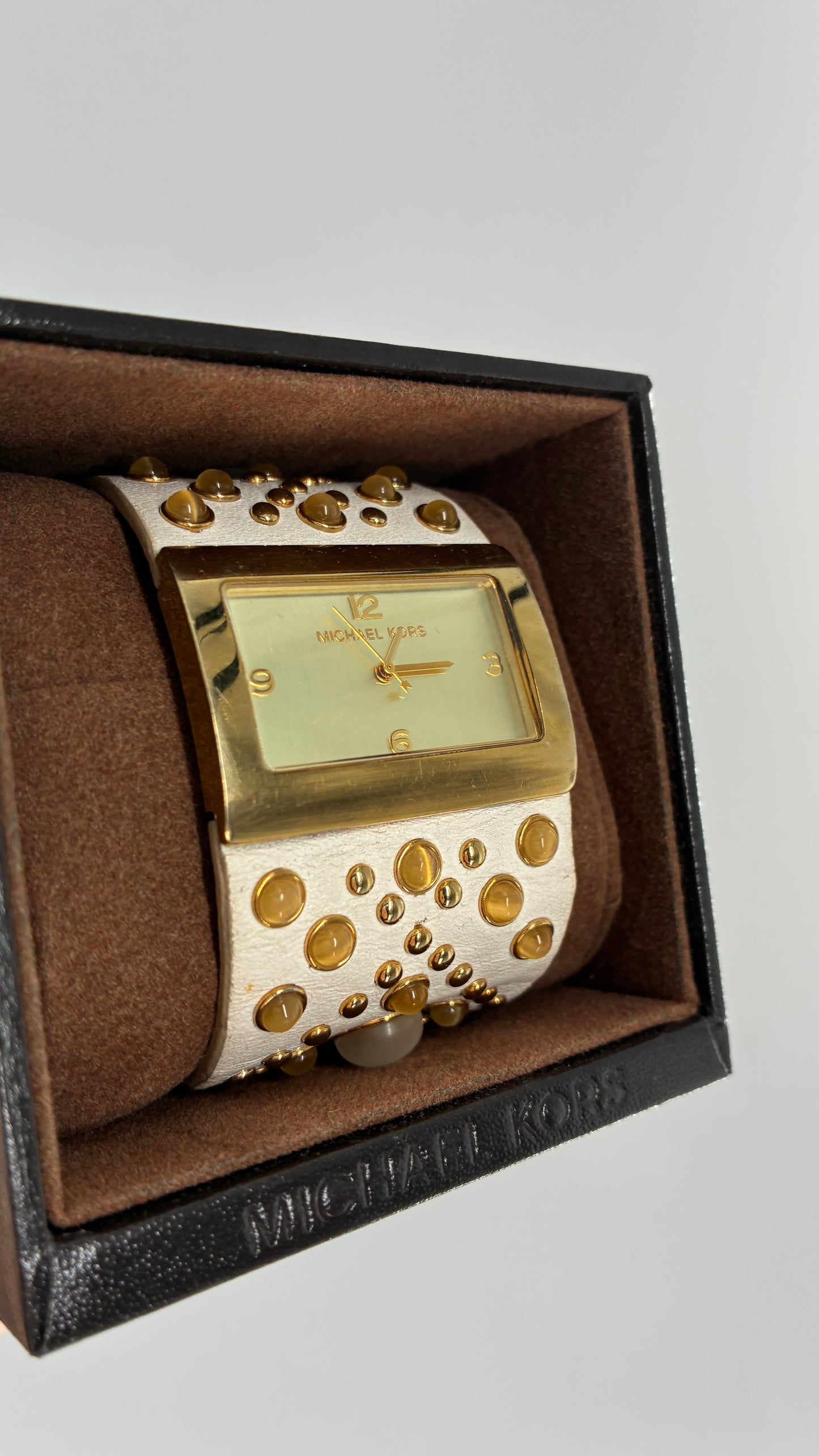 Deadstock Vintage Michael Kors White Leather Studded Cuff Watch