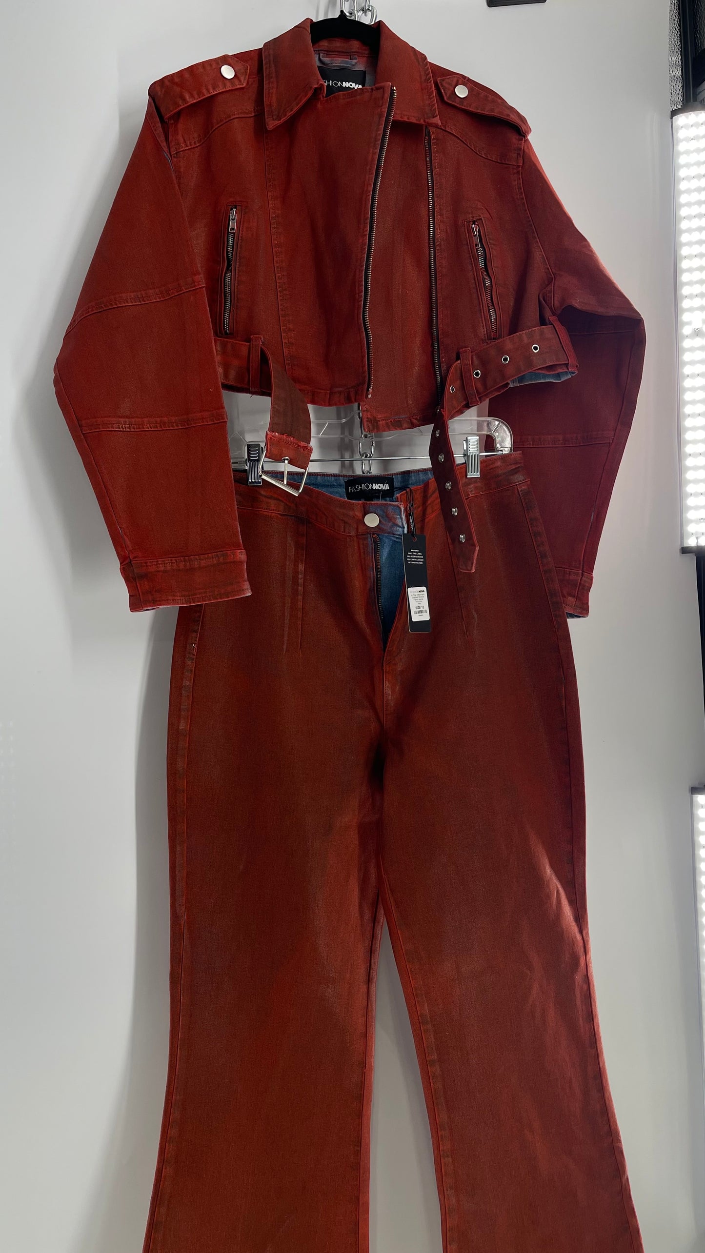 Fashion Nova Red Waxed Denim Cropped Motorcycle Jacket with Flared Jean Set and Tags Attached (XL/15)
