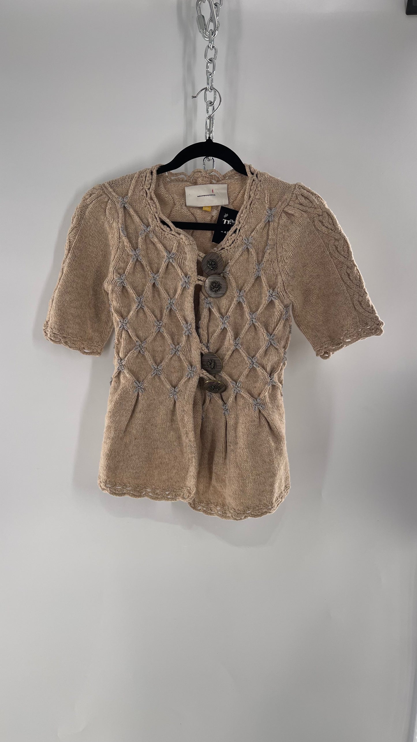 Anthropologie Leifsdottir Knit Argyle Embroidered Sweater with Oversized Statement Buttons (XS)