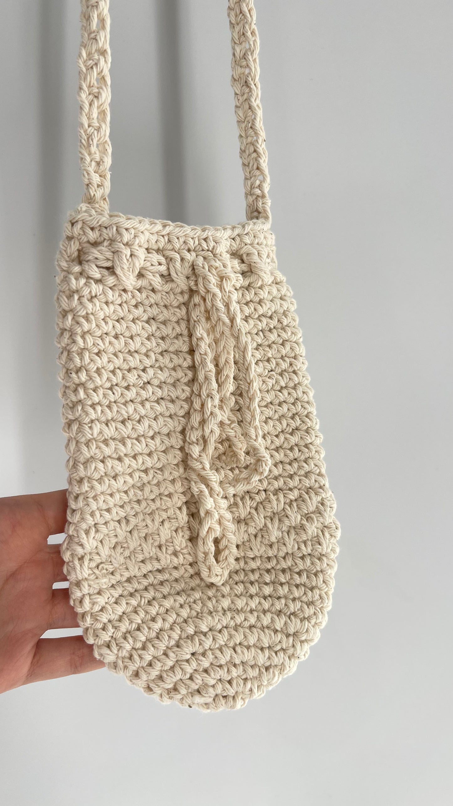 Beige Hand Knit Crochet Pouch Purse Water Bottle Bag