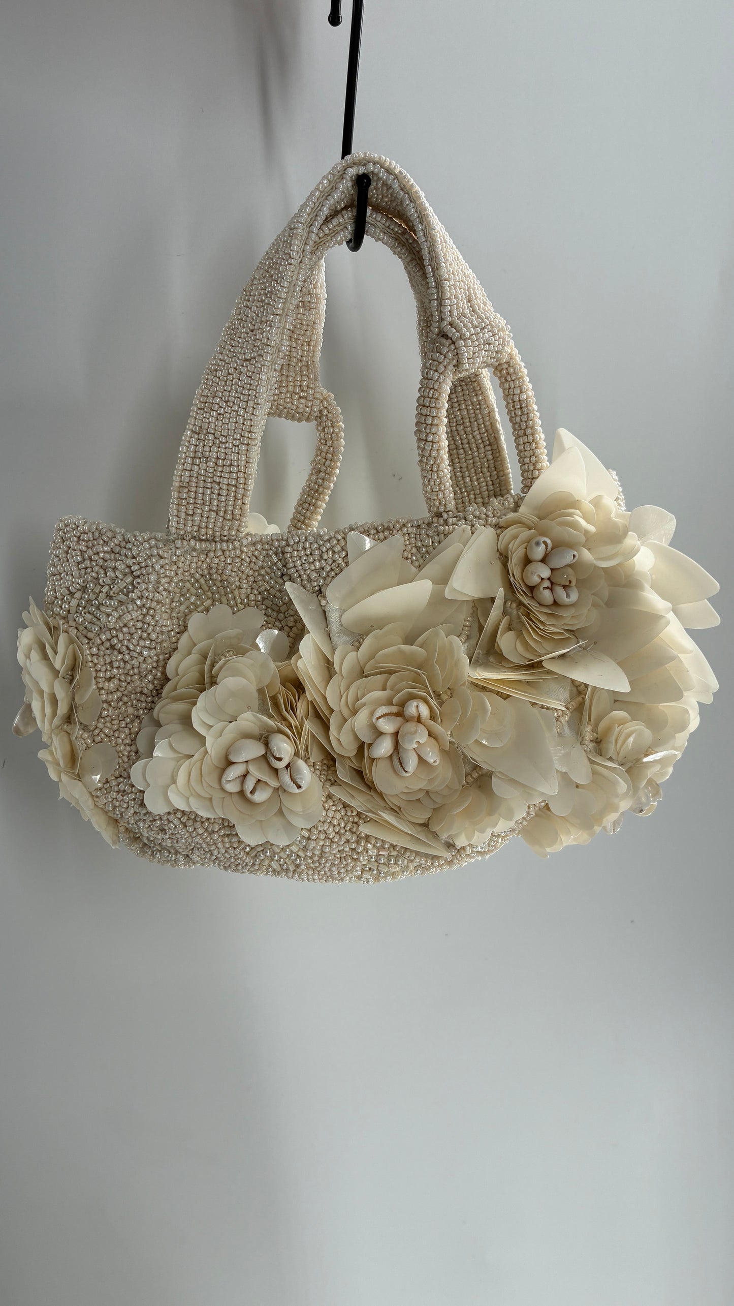 Beaded Off White Purse with Sequin and Shell Flowers