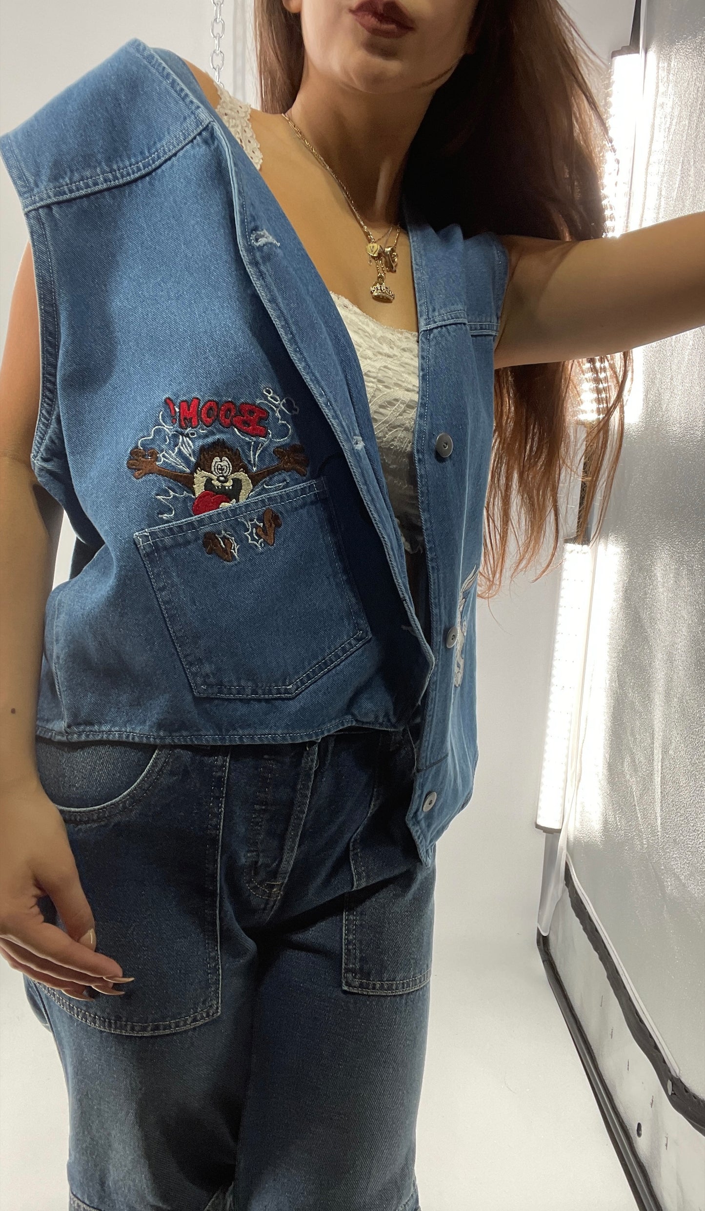 Vintage Looney Tunes Denim Vest with Embroidered Characters (Large)