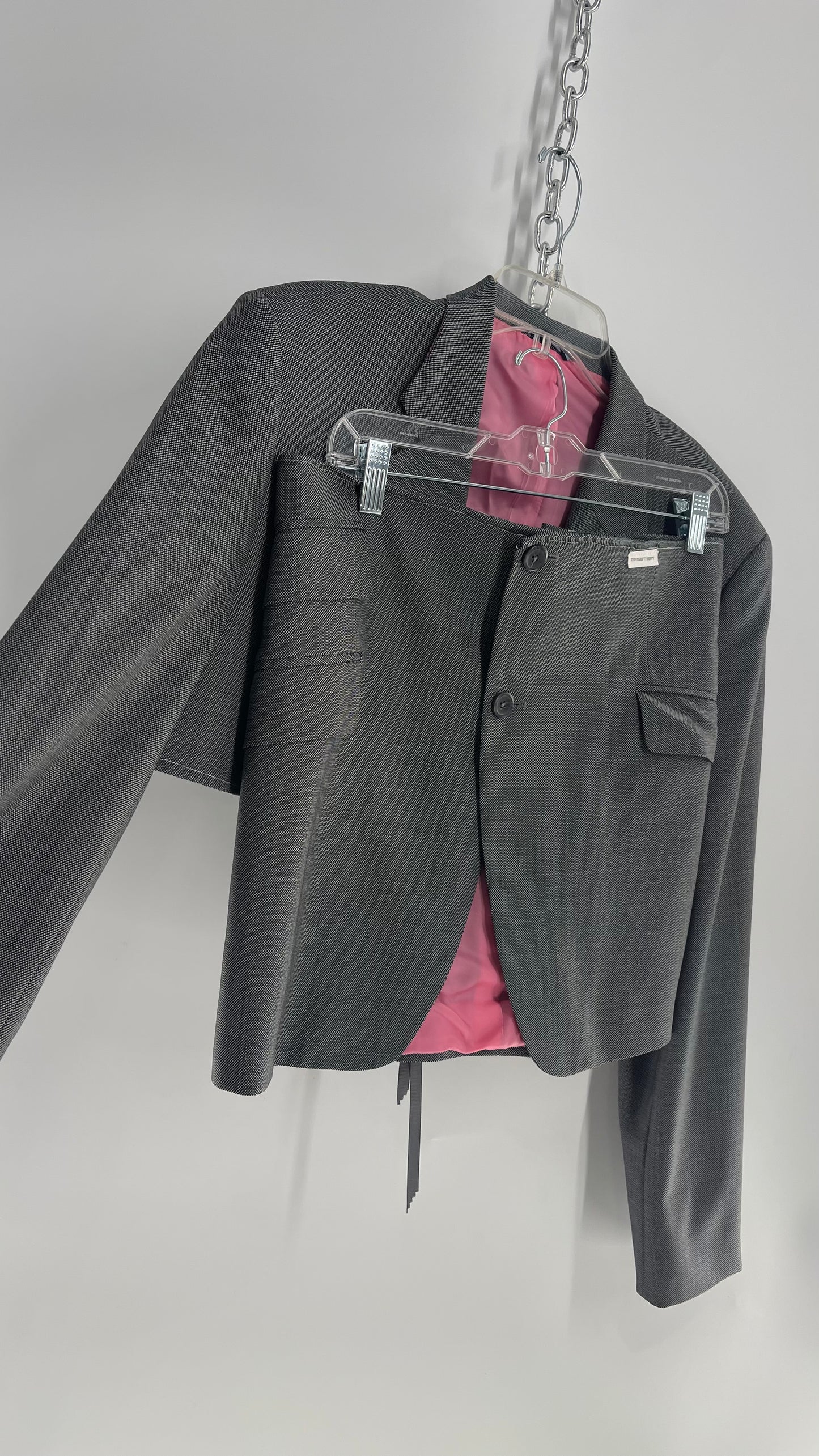 Custom Handmade Gray 2Piece Suit Set with Pink Satin Lining, Cropped Blazer, and Corseted Skirt (S-L)