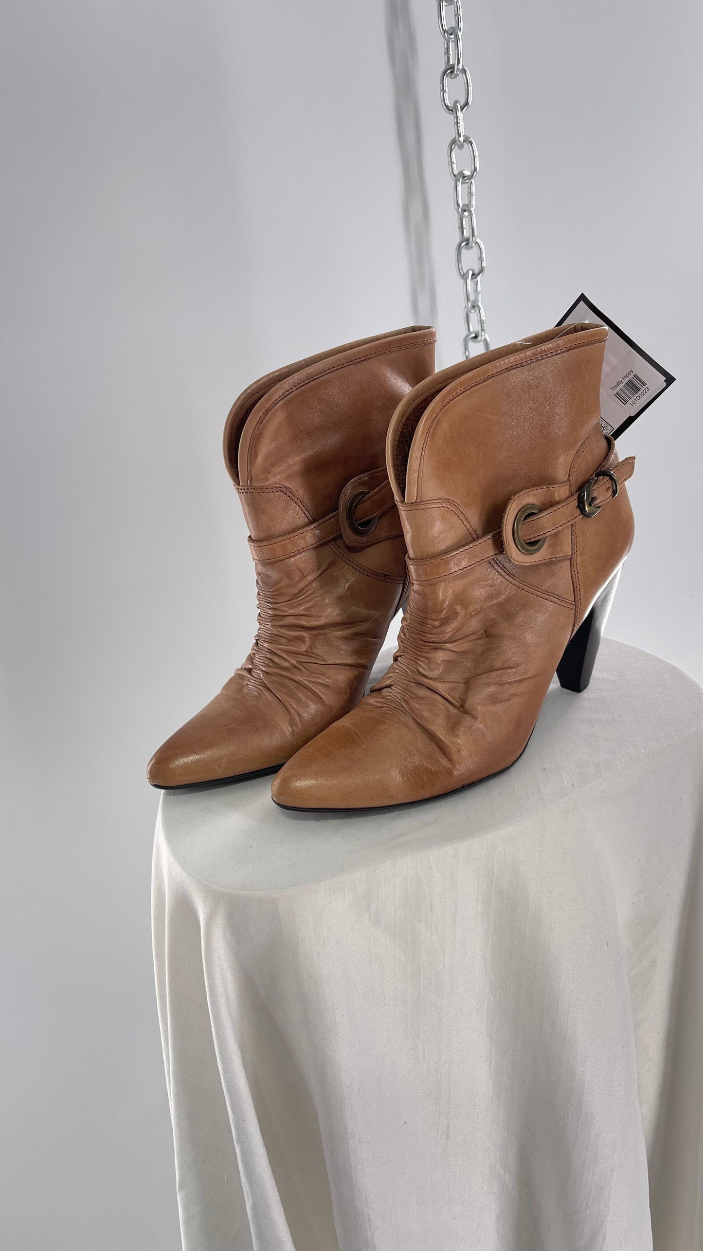 Vintage Pointed Toe Booties with Ruching and Belt Detail Made in Brazil