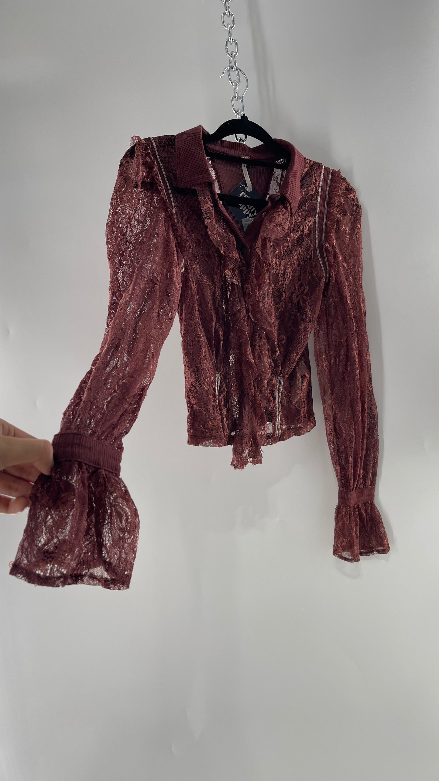 Free People Burgundy Lace Button Front Blouse with Balloon Sleeves and Ruffle Front Detail (Small)