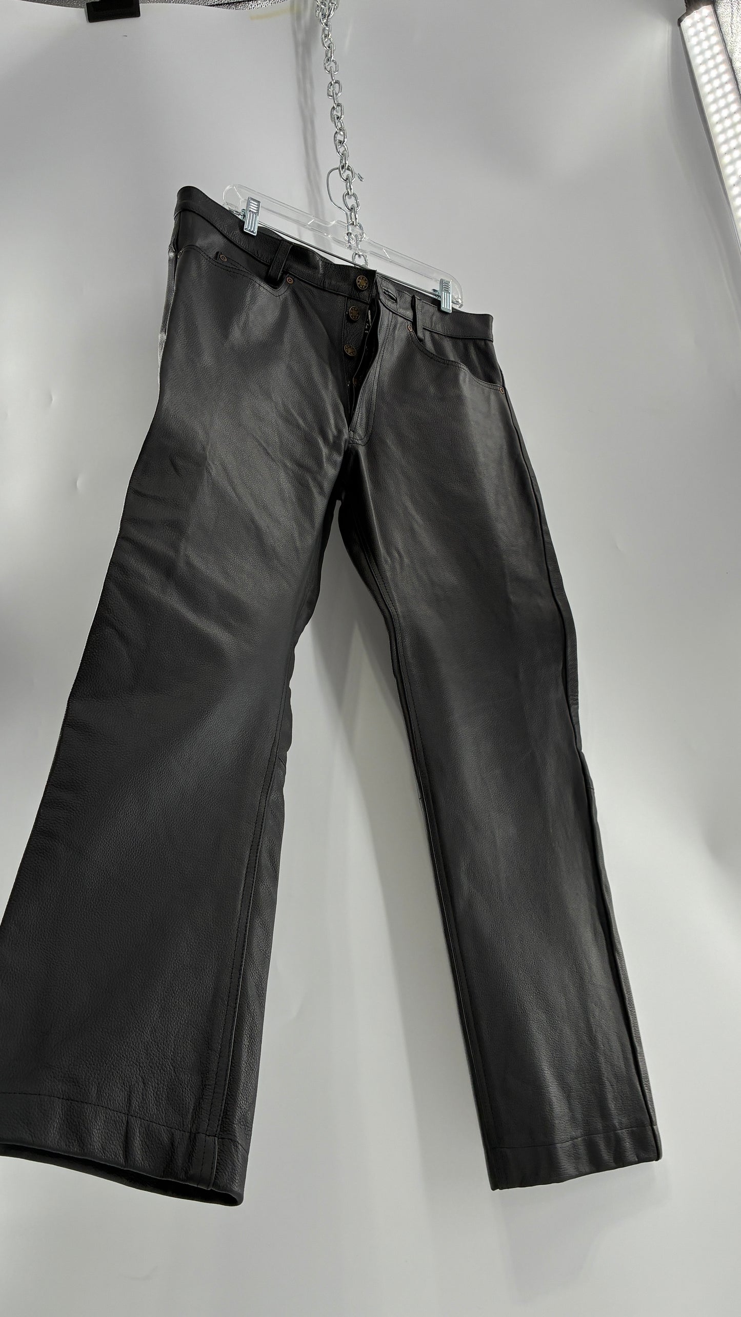 Vintage Button Front, French, Black, Thick Genuine Leather Pants (36)