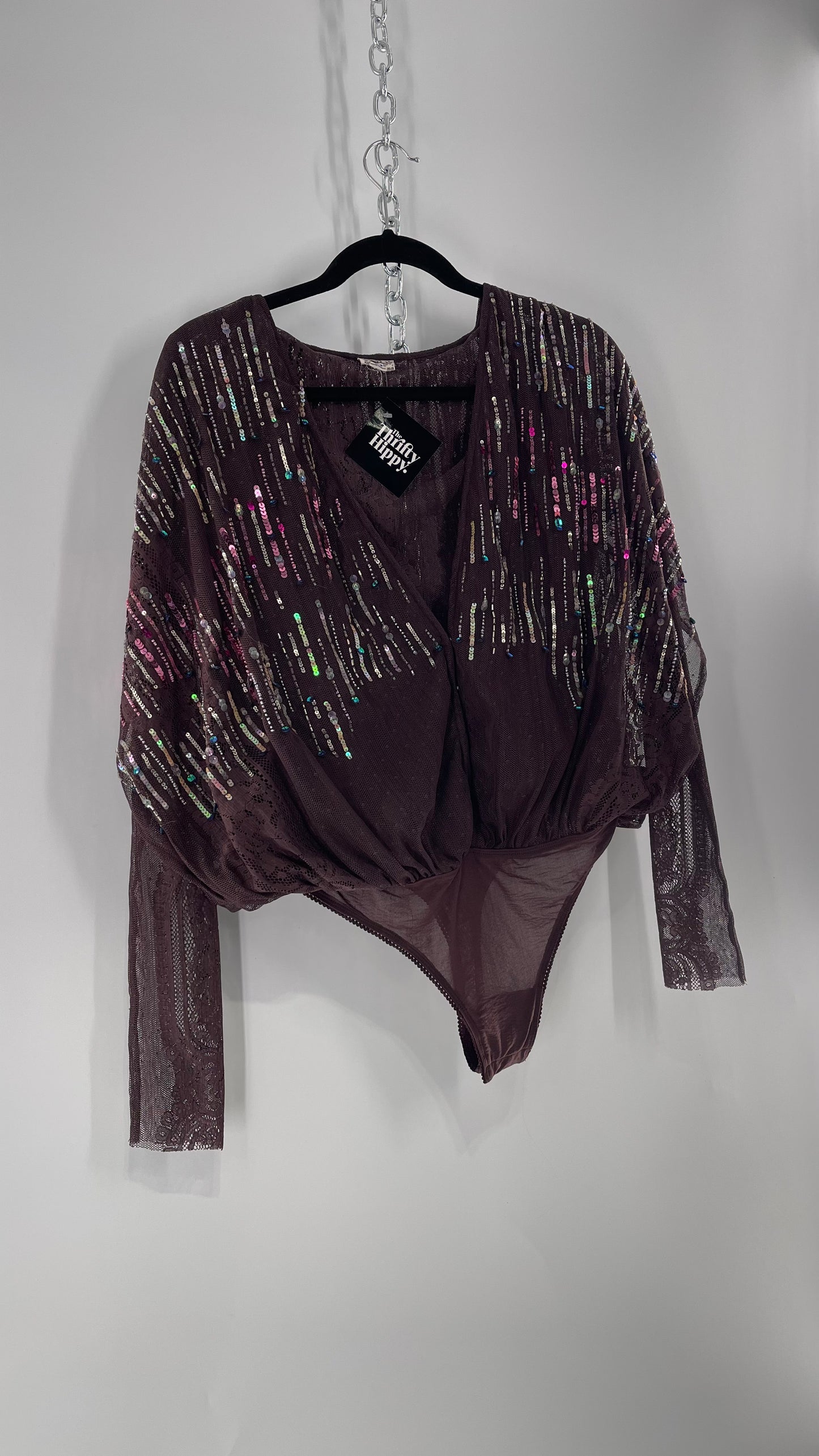 Intimately Free People Plum Mesh Bodysuit with Lace Sleeves and Beaded/Sequined/Embellished Body (Medium)