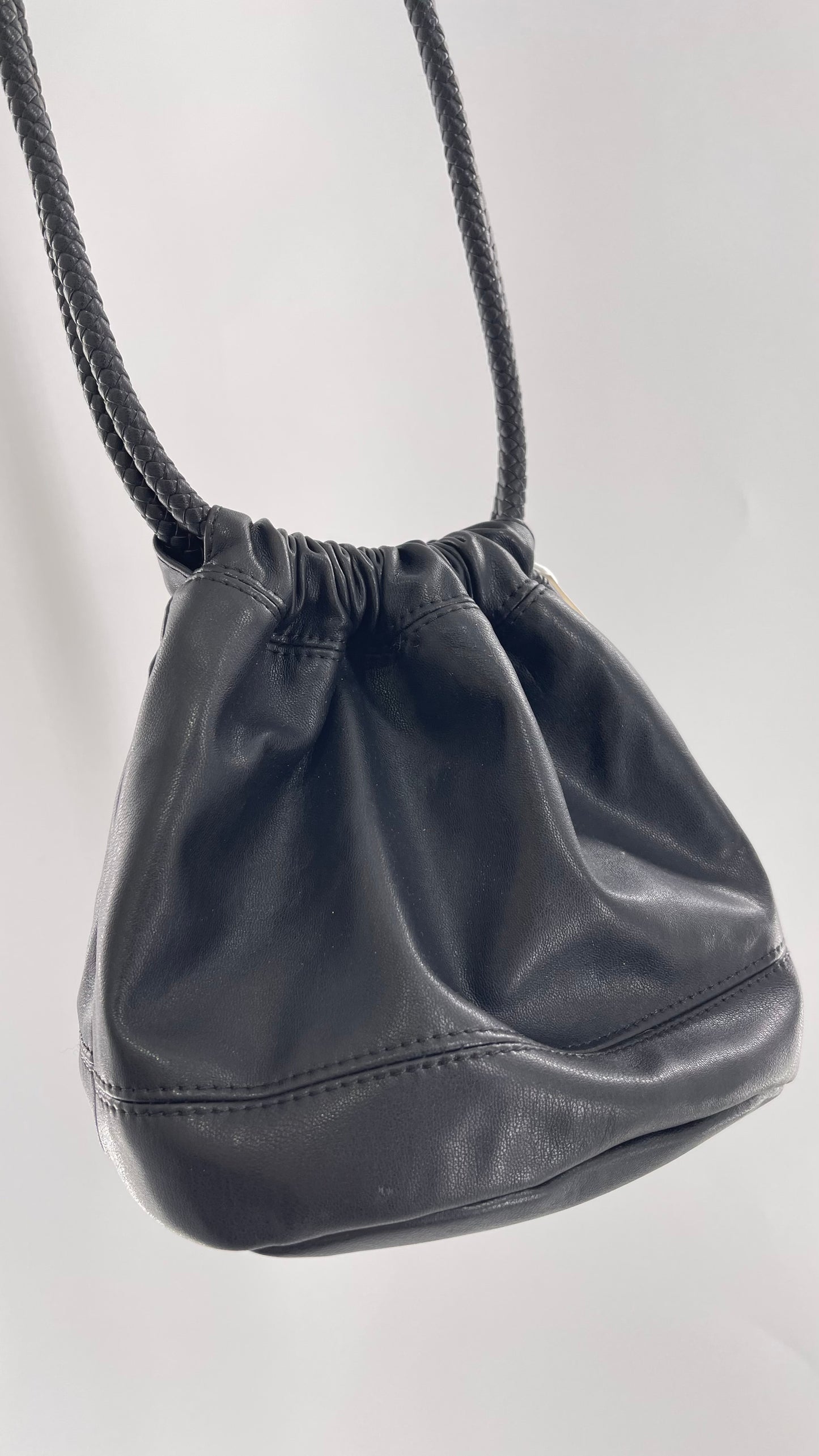 Urban Outfitters Black Adjustable Bucket Tank Vegan Leather Bag with Braided Handles