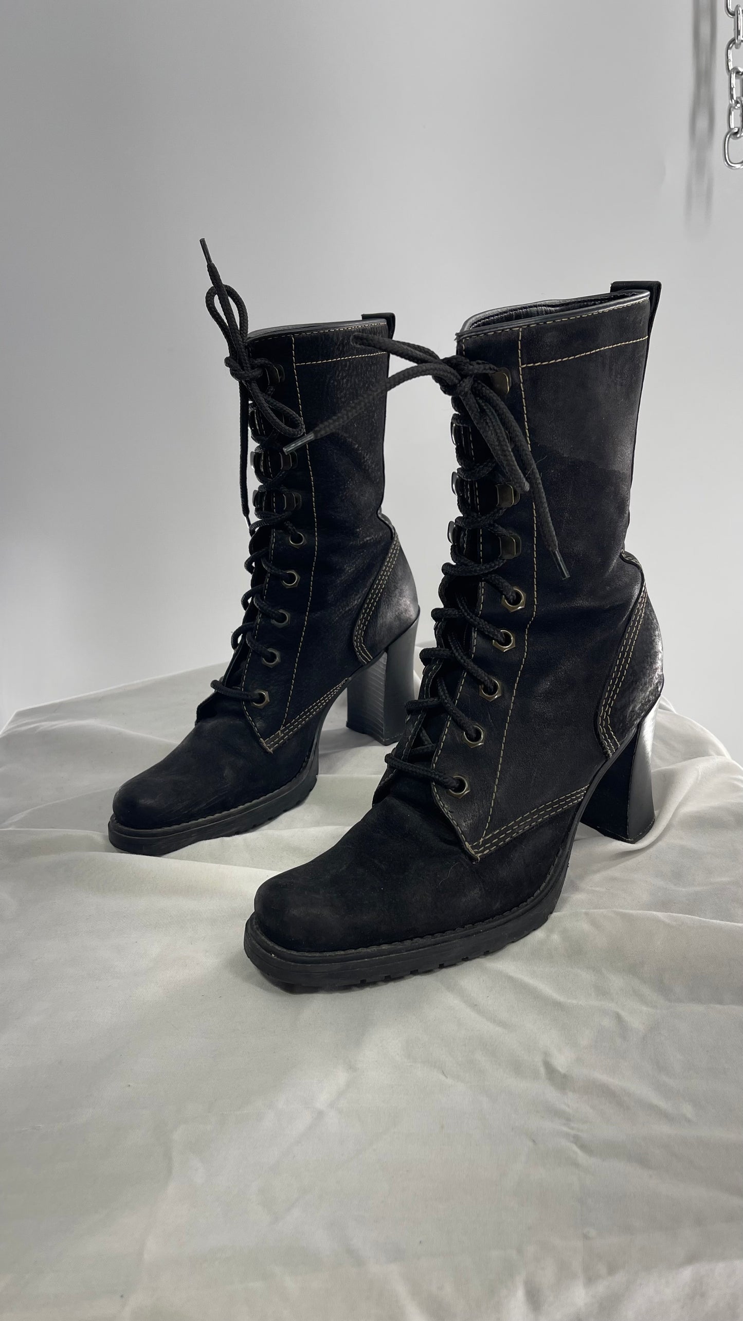Vintage Nine West Leather Black Lace Up Combat Boots (7)