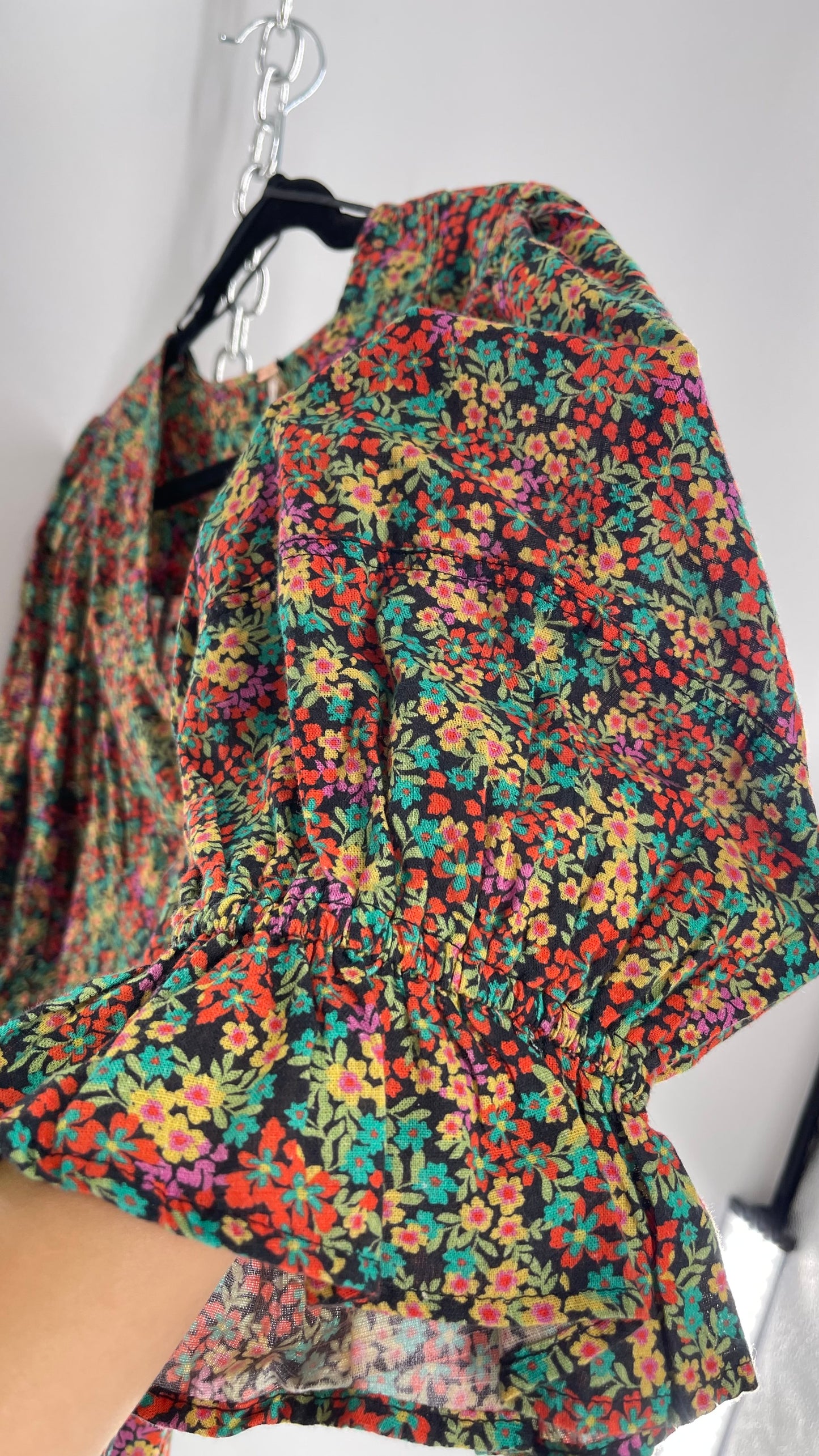 Free People 100% Cotton Colorful Florals Blouse with Deep V, Puff Sleeves, Button Front, and Tags Attached (Small)