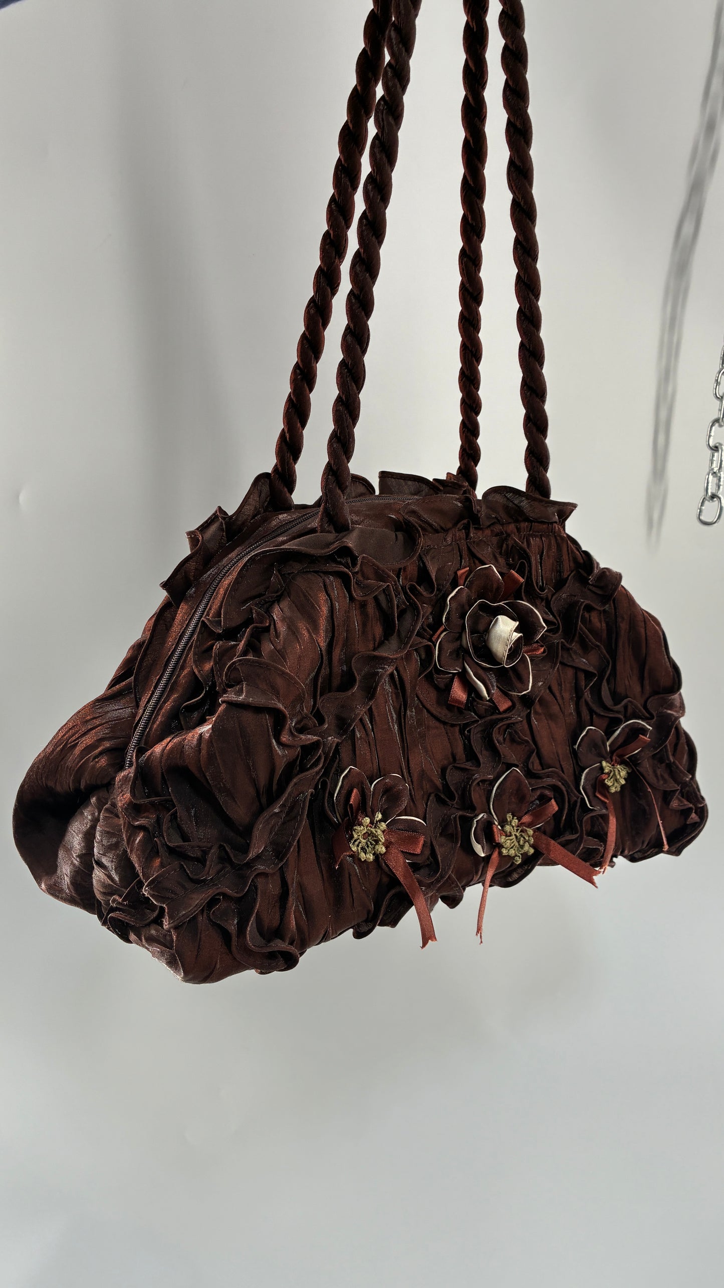 Vintage Oversized Brown Slouchy Purse with Embroidered Rosettes and Braided Strap