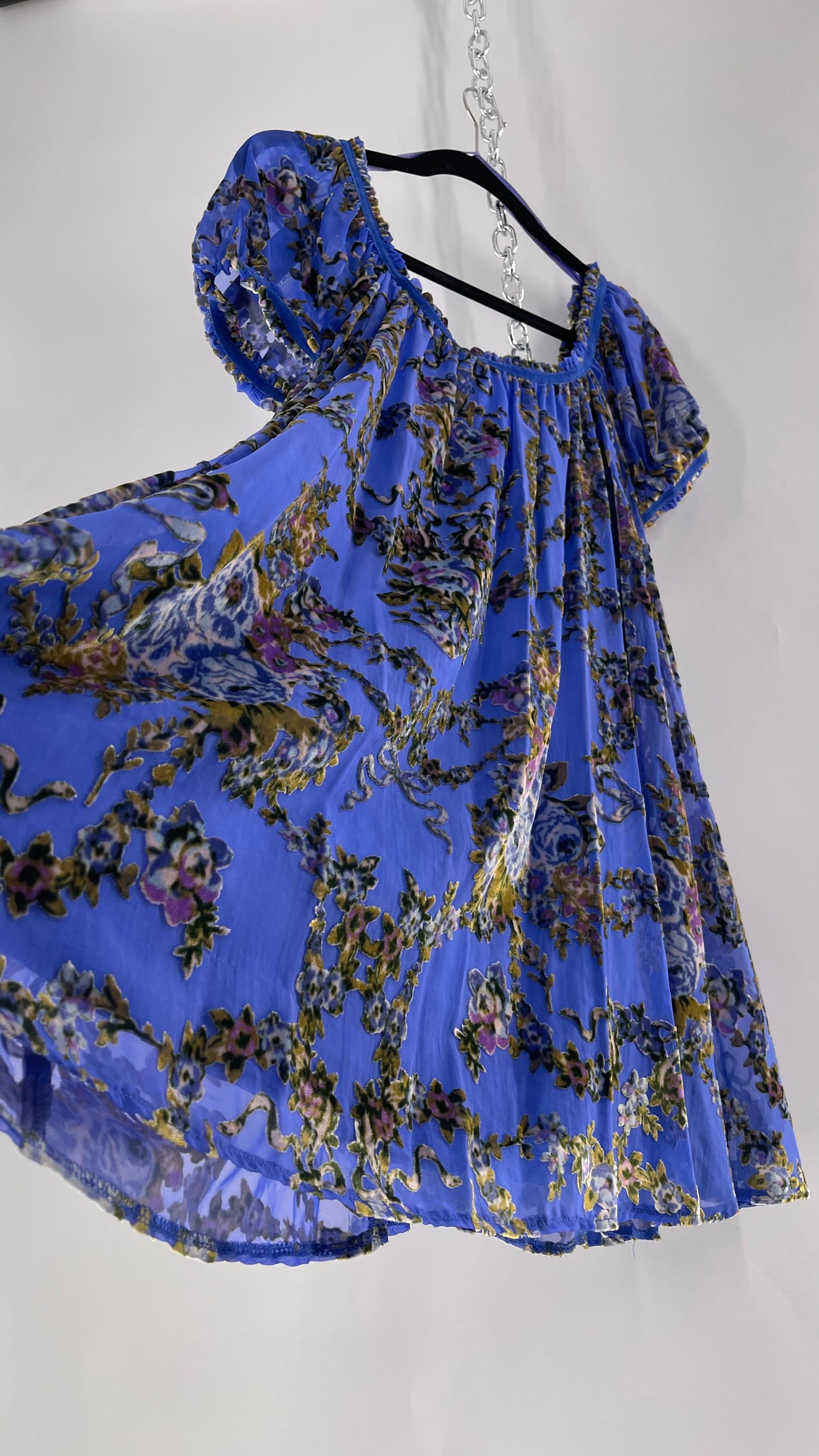 Free People Royal Blue Velvet Floral Babydoll Dress (Small)