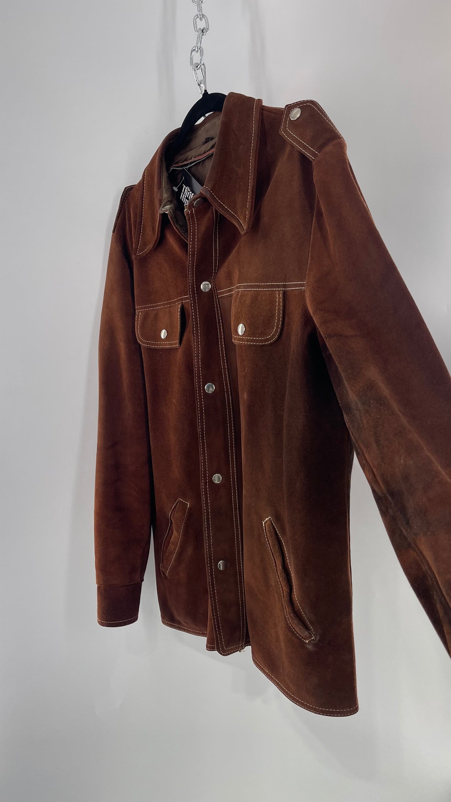 Vintage Brown Suede Jacket with Contrast White Stitching (C)(Large)