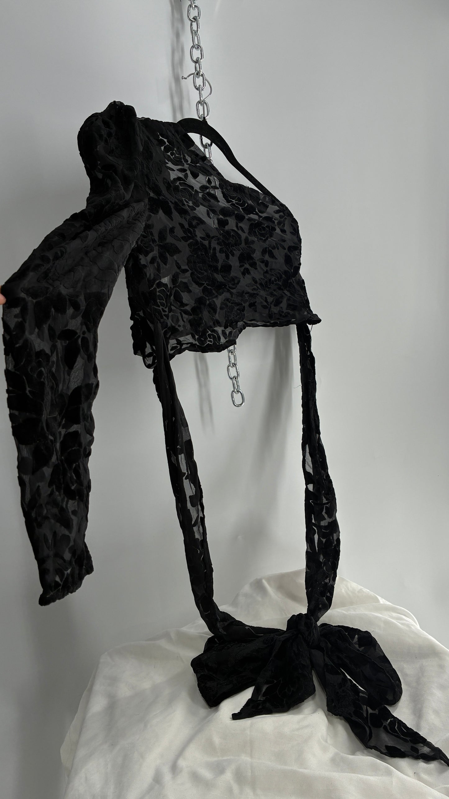LIONESS Black Sheer Velvet Burn Out One Sleeve Tie Waist Blouse (XS)