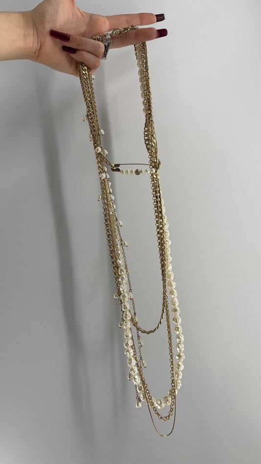Free People Gold Chain, Pearl Layered Choker Pin Necklace