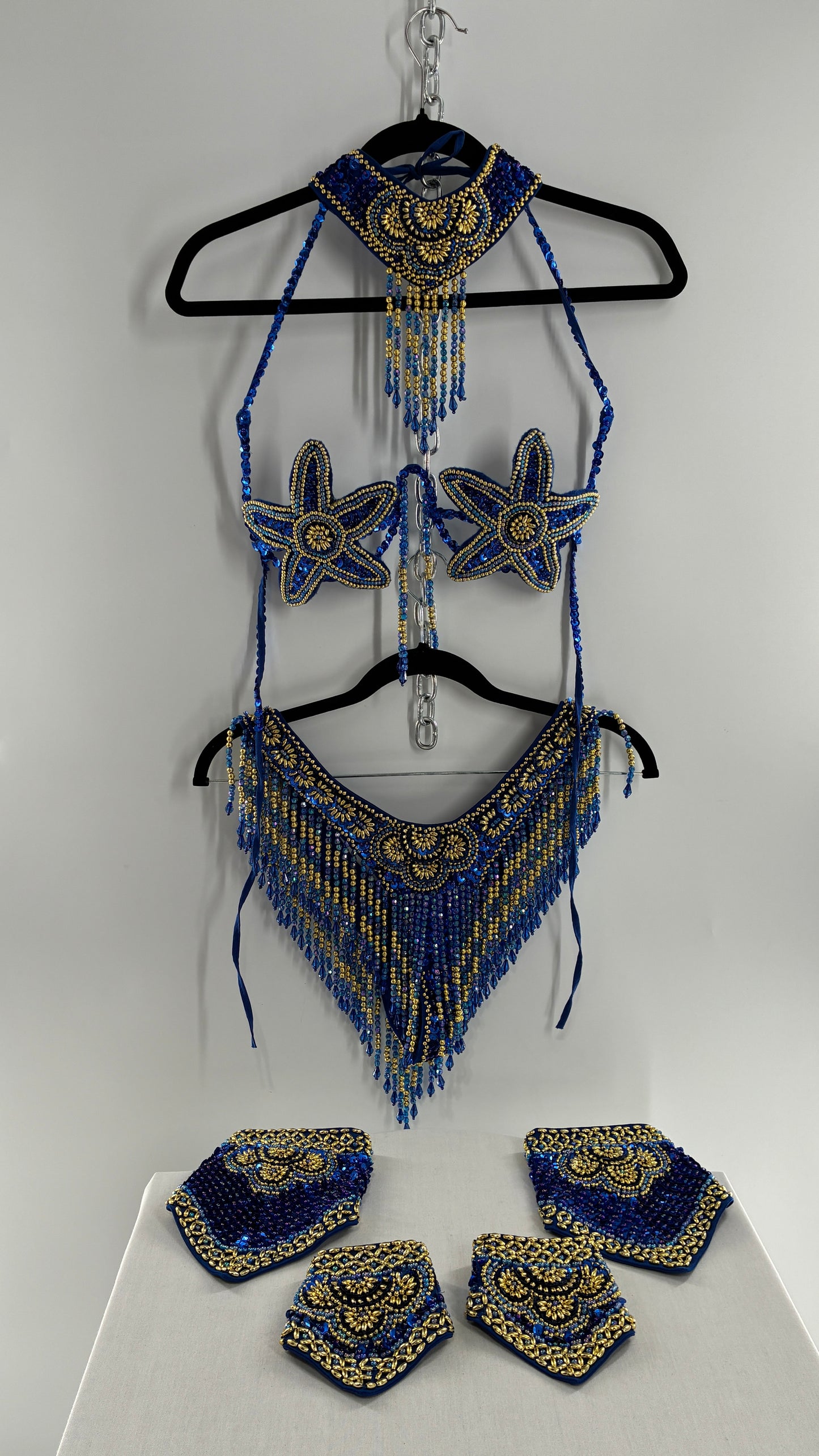 Vintage Royal Blue and Gold Beaded Belly Dancing Set