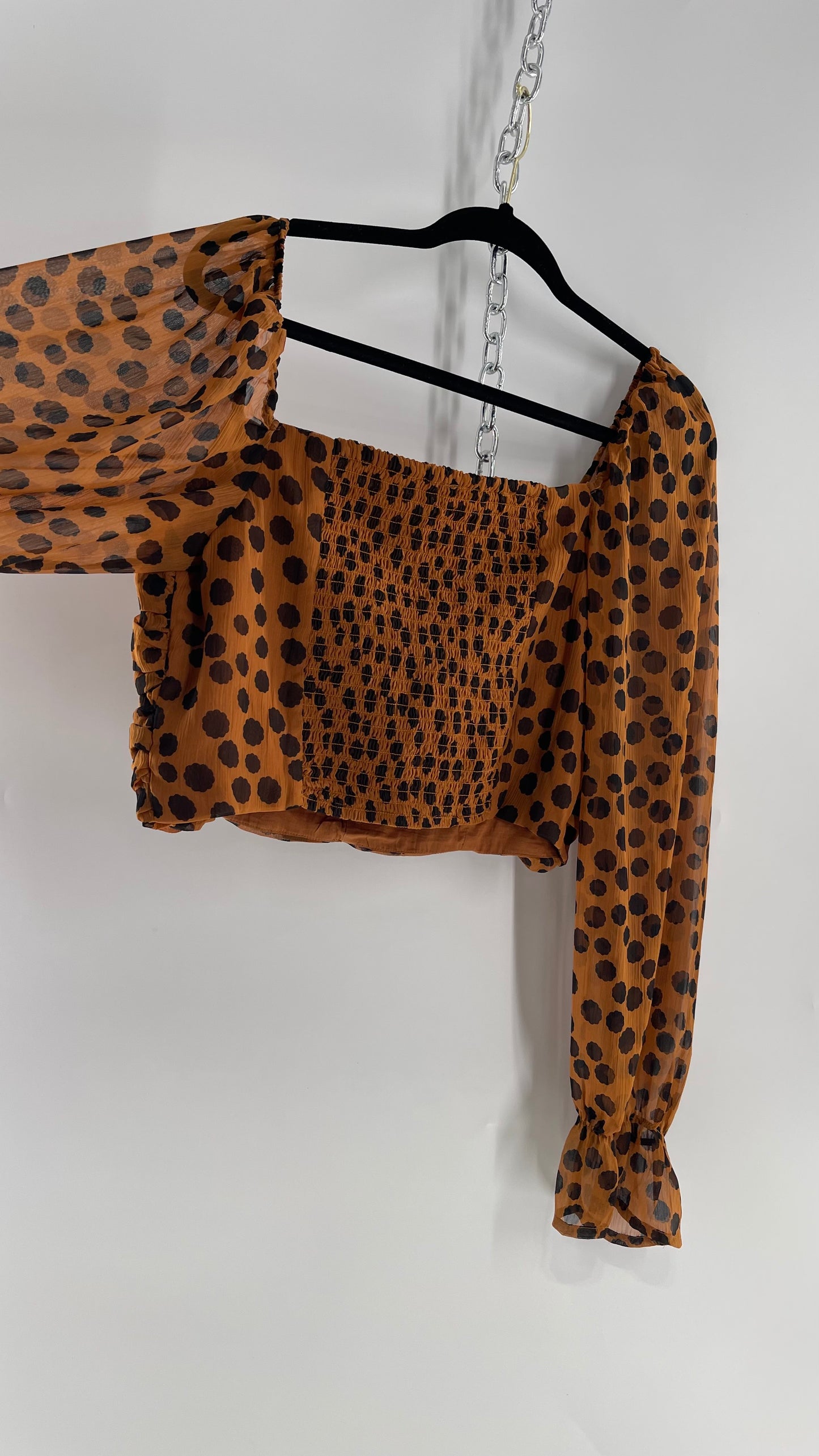 Free People Brown Black Animal Print Blouse with Ruched Bodice and Tags Attached (Large)
