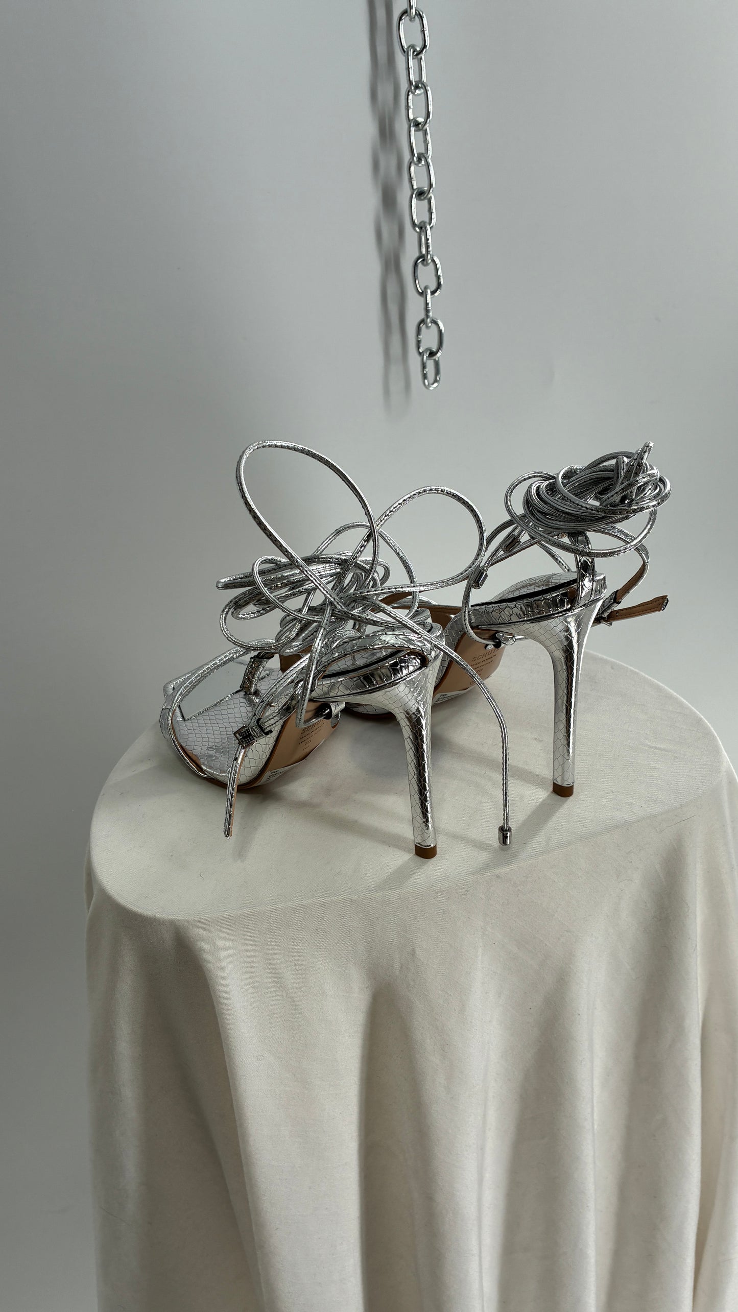 SCHÜTZ Silver Angular Tie Up Heels with Mirror Toe Detail (7)
