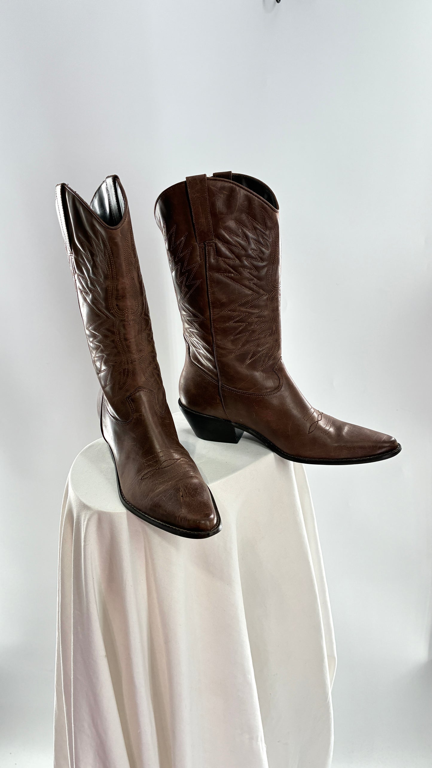 Vintage Genuine Leather Brown Cowboy Boots Made in Brazil (9.5)