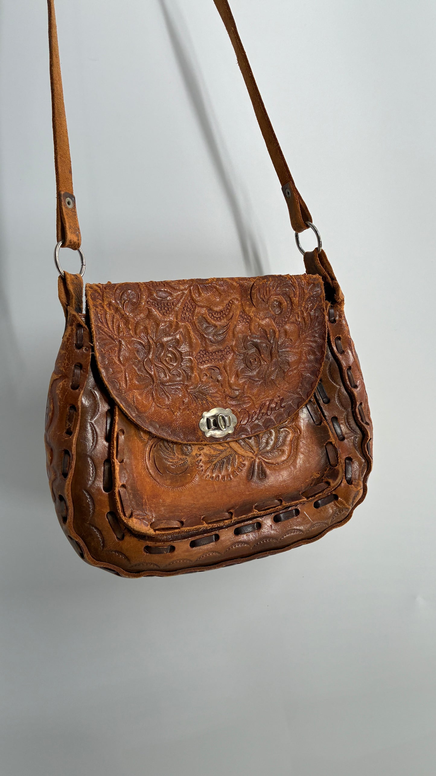 Vintage Made in Mexico Rose Embossed Leather Satchel Bag with Debbie Signature