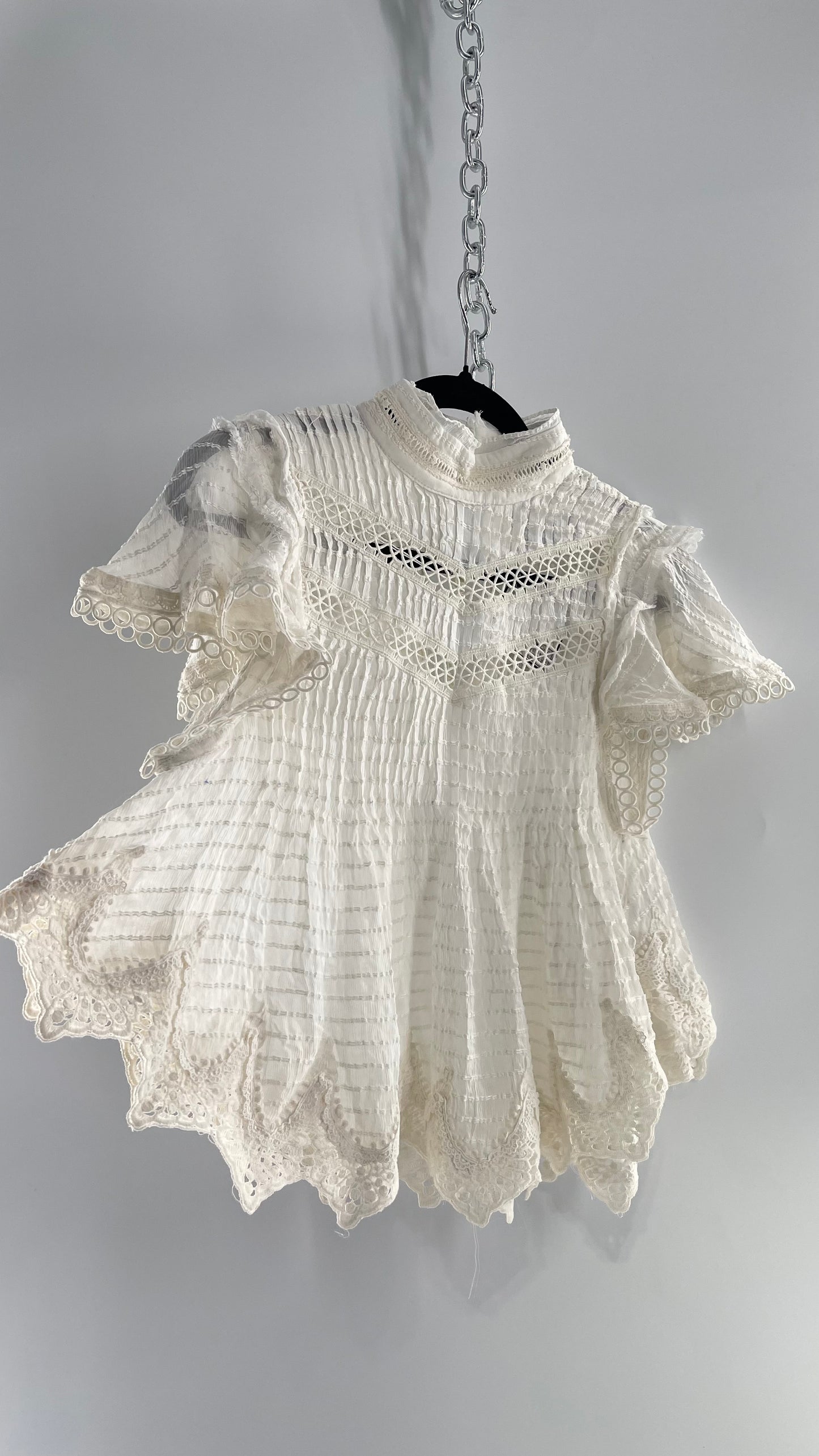 Kimchi Blue White 68% Viscose 32% Cotton Romantic Blouse with High Neck, Textured Body, and Scalloped Lace Hem and Sleeves (Small)