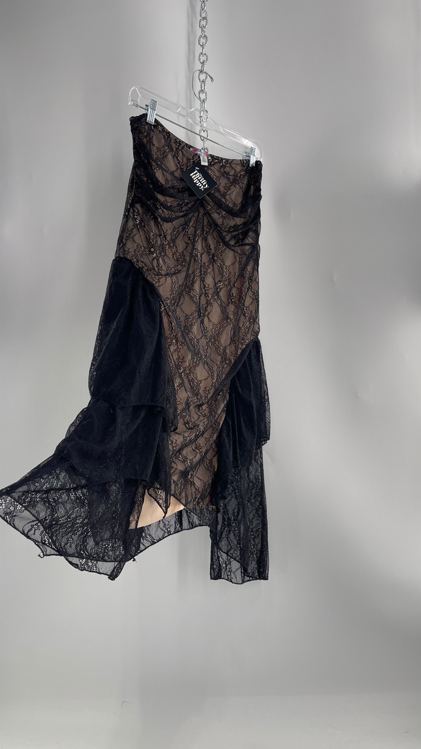 Urban Outfitters Black Lace Midi Skirt with Nude Underlay (Medium)