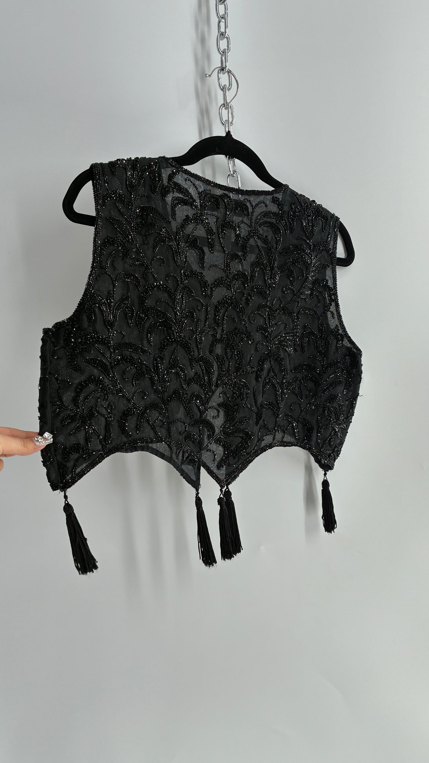 Vintage 1990s NITELINE 100% Silk Beaded Cropped Vest with Tassel Details (Medium)