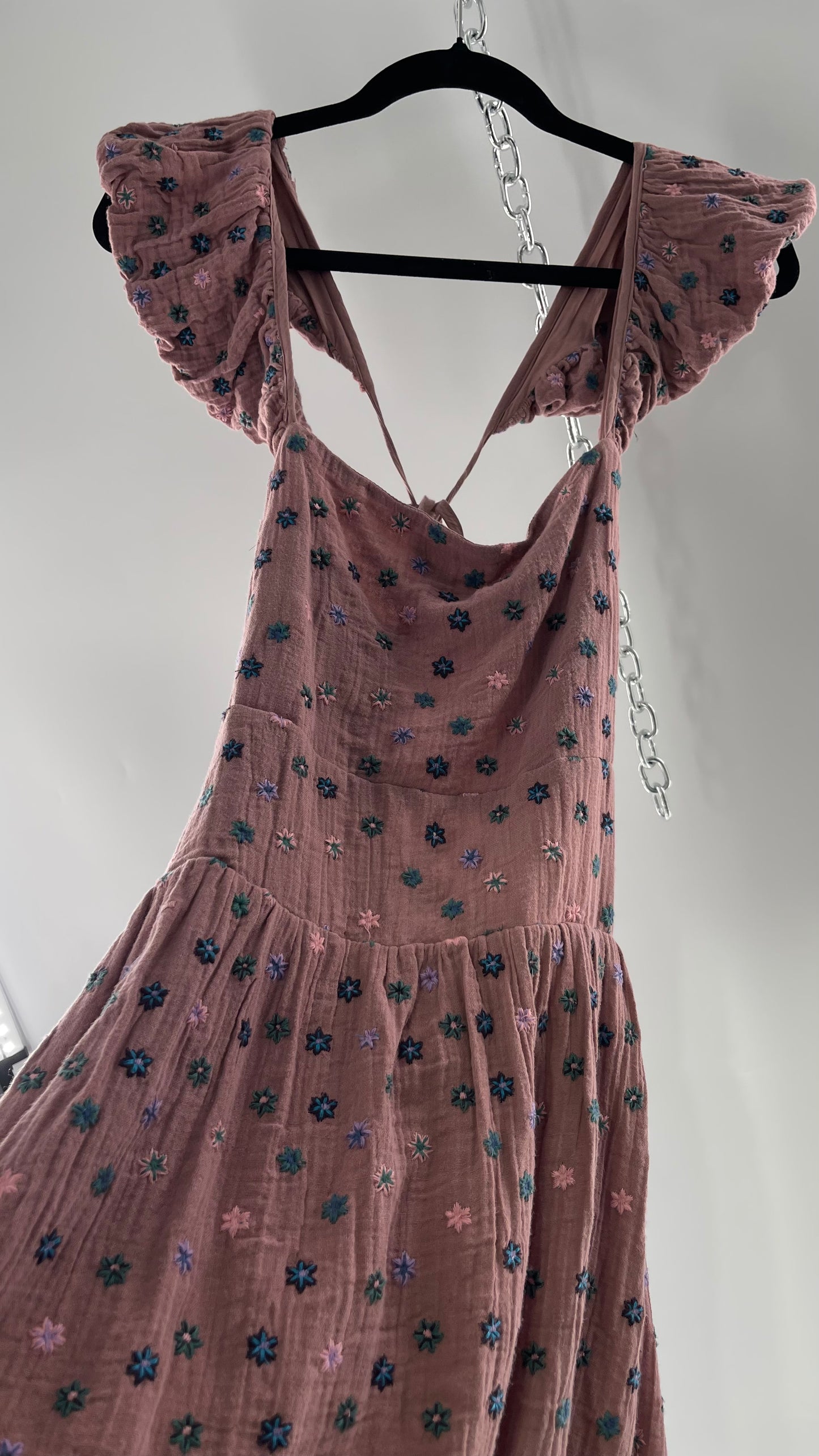 Free People Dusty Pink Embroidered Flowers Backless Mini Dress (Small)