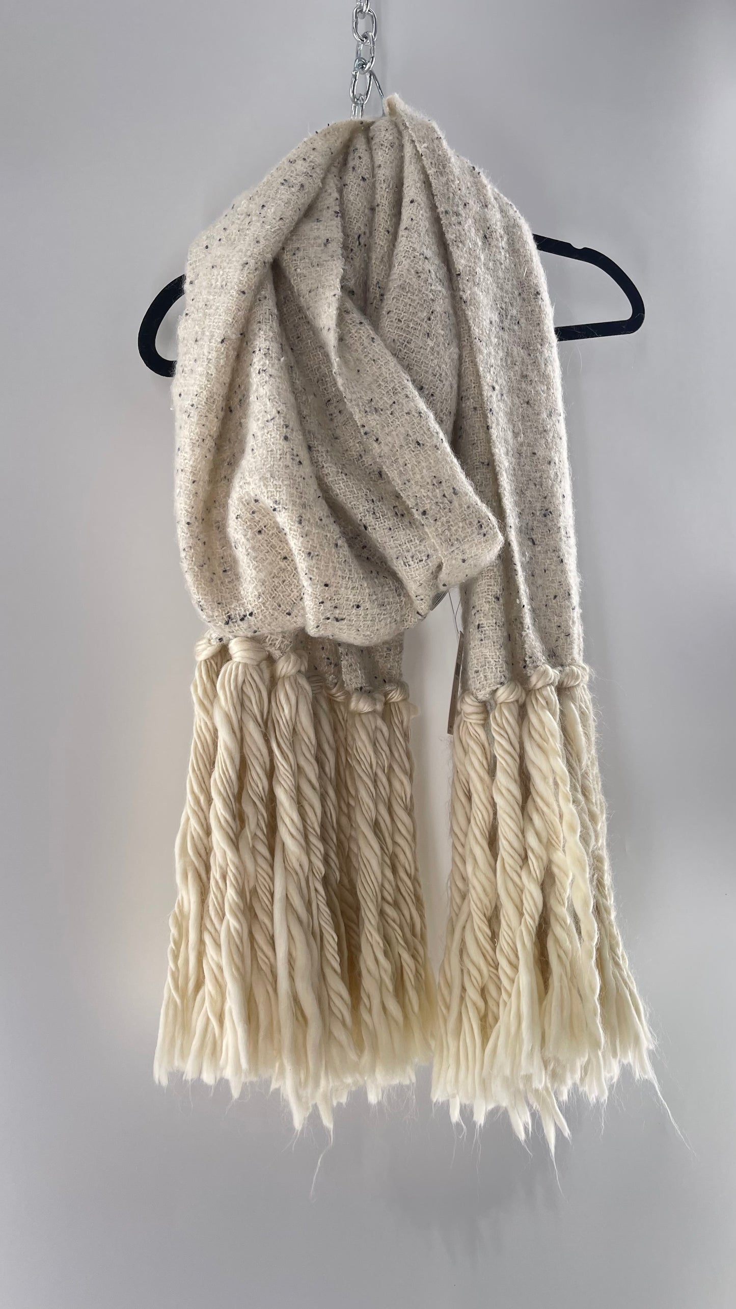 Anthropologie White/Off White Heavy Knit Cold Weather Scarf with Braided Fringe with Tags Attached (One Size)