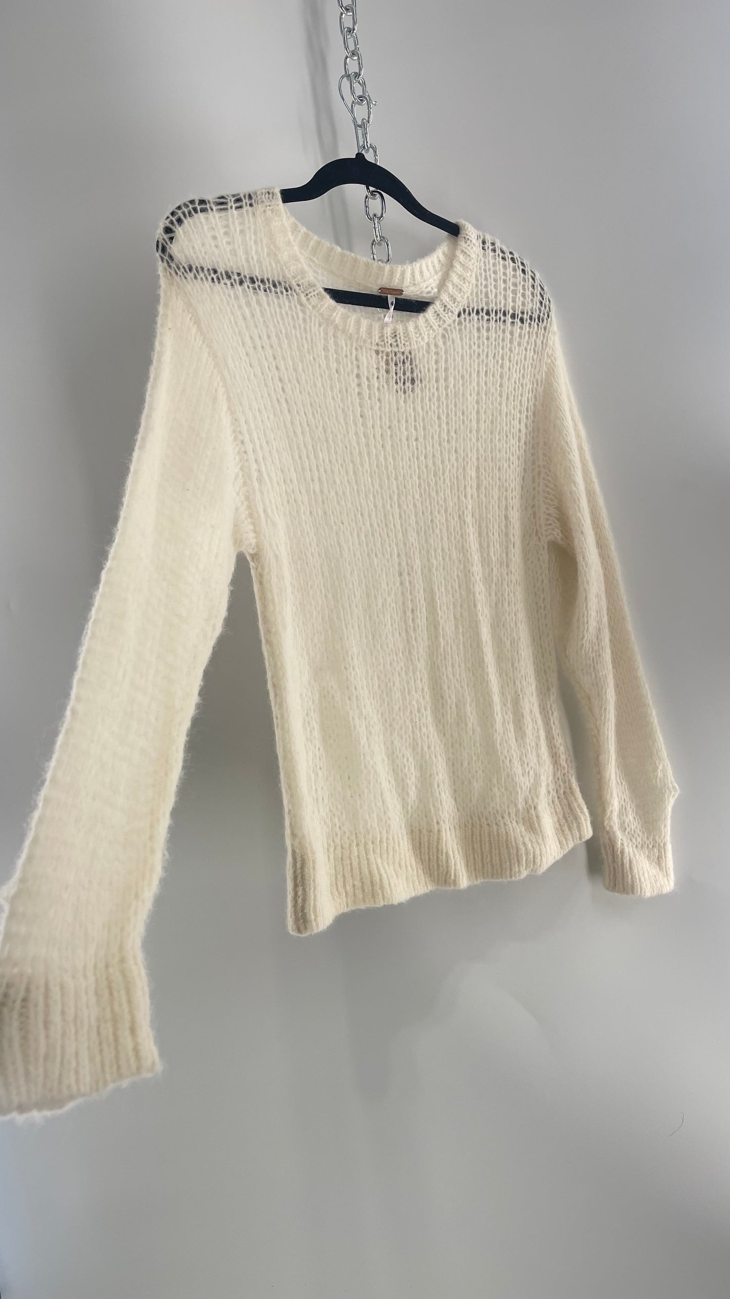 Free People White Open Knit Sweater 56% Alpaca (Medium)