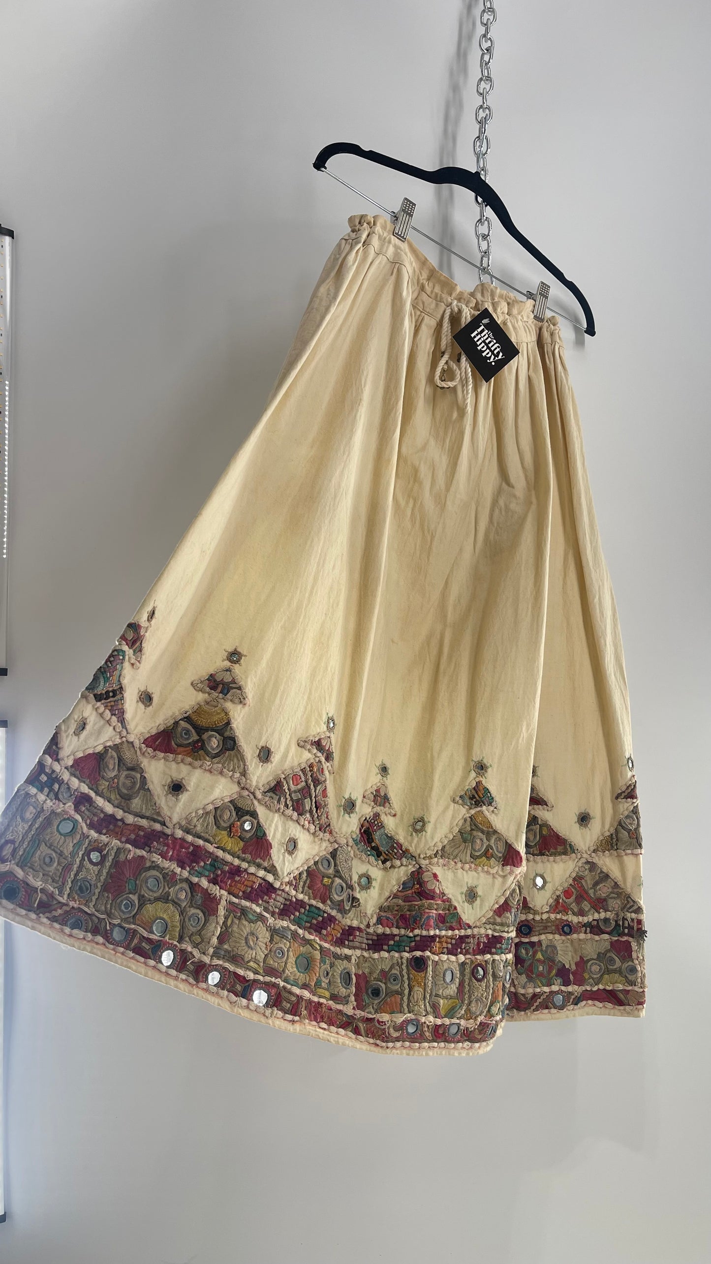 Vintage Imported Hand Stitched Skirt with Embroidered, Patchwork and Mirror Details (S/M Drawstring Waist)