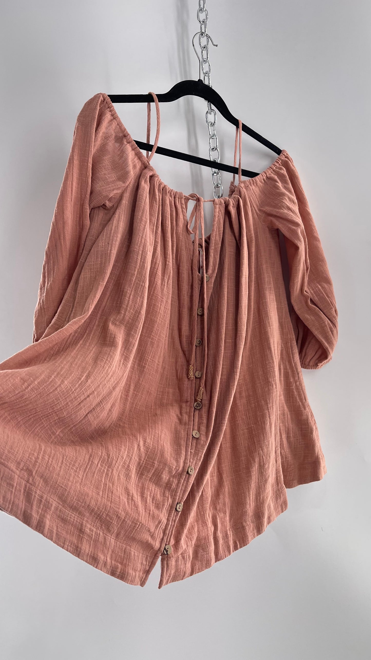 Free People Peachy Pink Coral Off the Shoulder 100% Cotton Voluminous Button Front Blouse (Small)