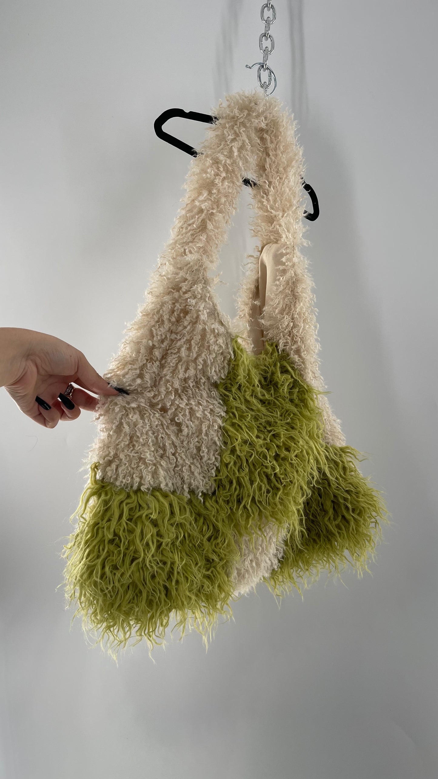 Free People Shaggy Green Beige Checkered Tote