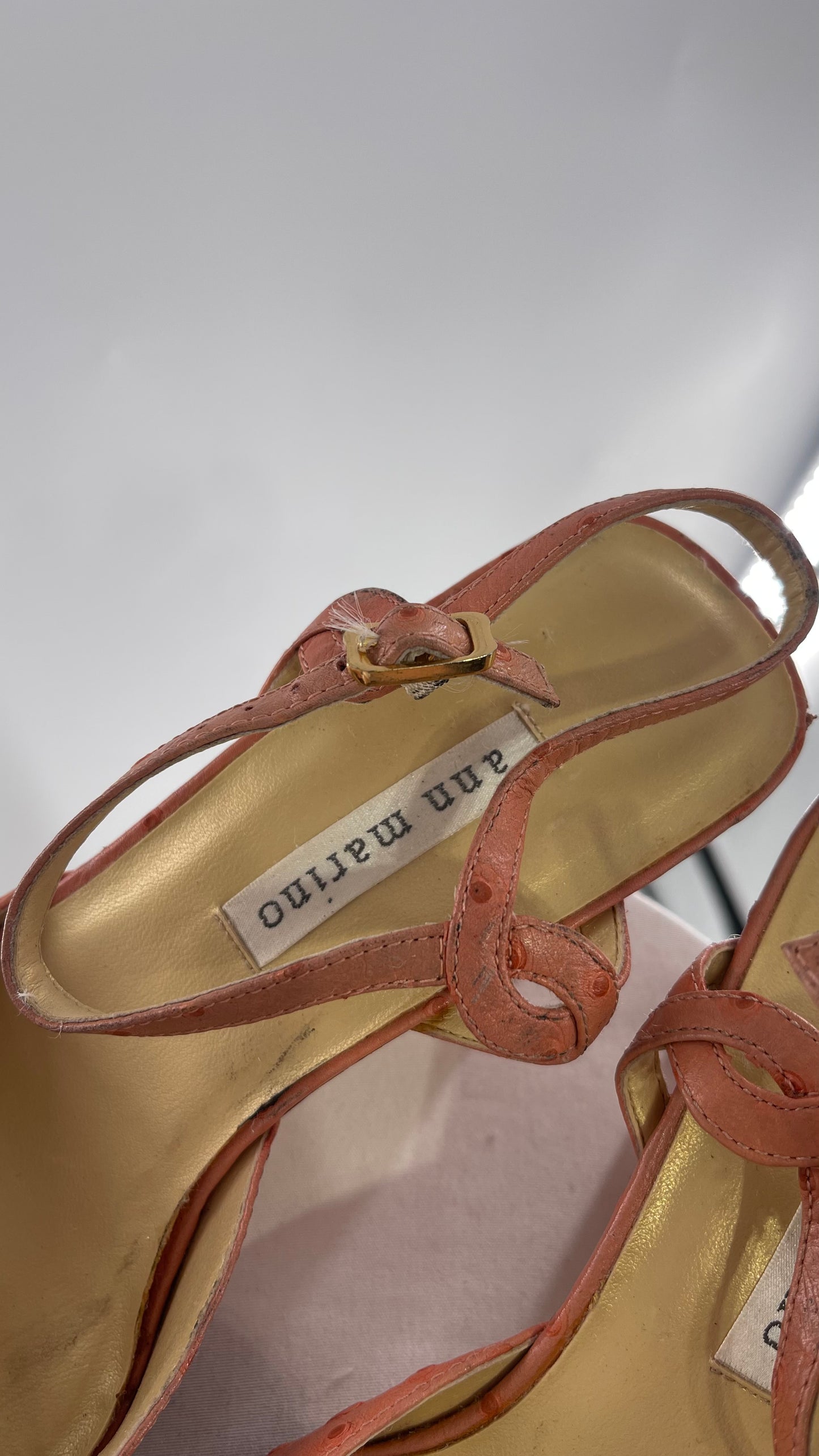 Vintage 1990s Ann Marino Pink Peach Genuine Leather Sling Back Pointed Square Toe Kitten Heel (8)