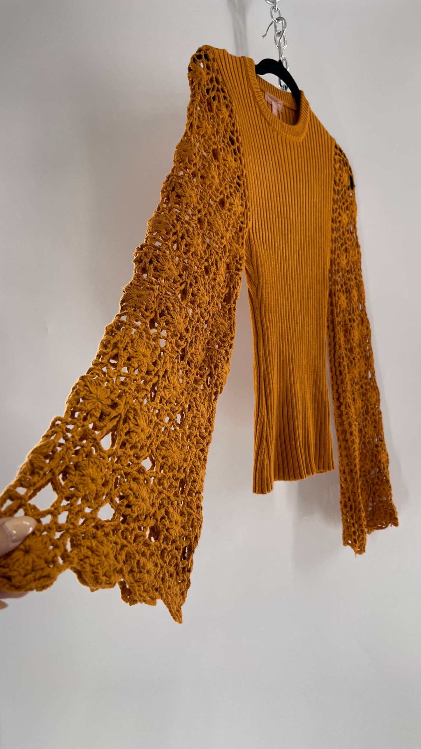 Love Colétte Mustard Sweater with Crochet Bell Sleeve (Large)