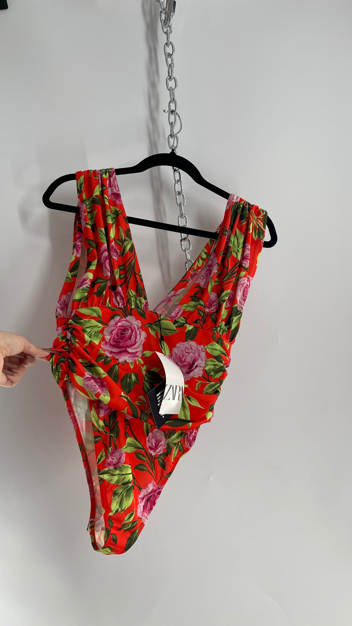 ZARA Orange Tropical Flora Ruched Bodice Bodysuit with Tags Attached (Medium)