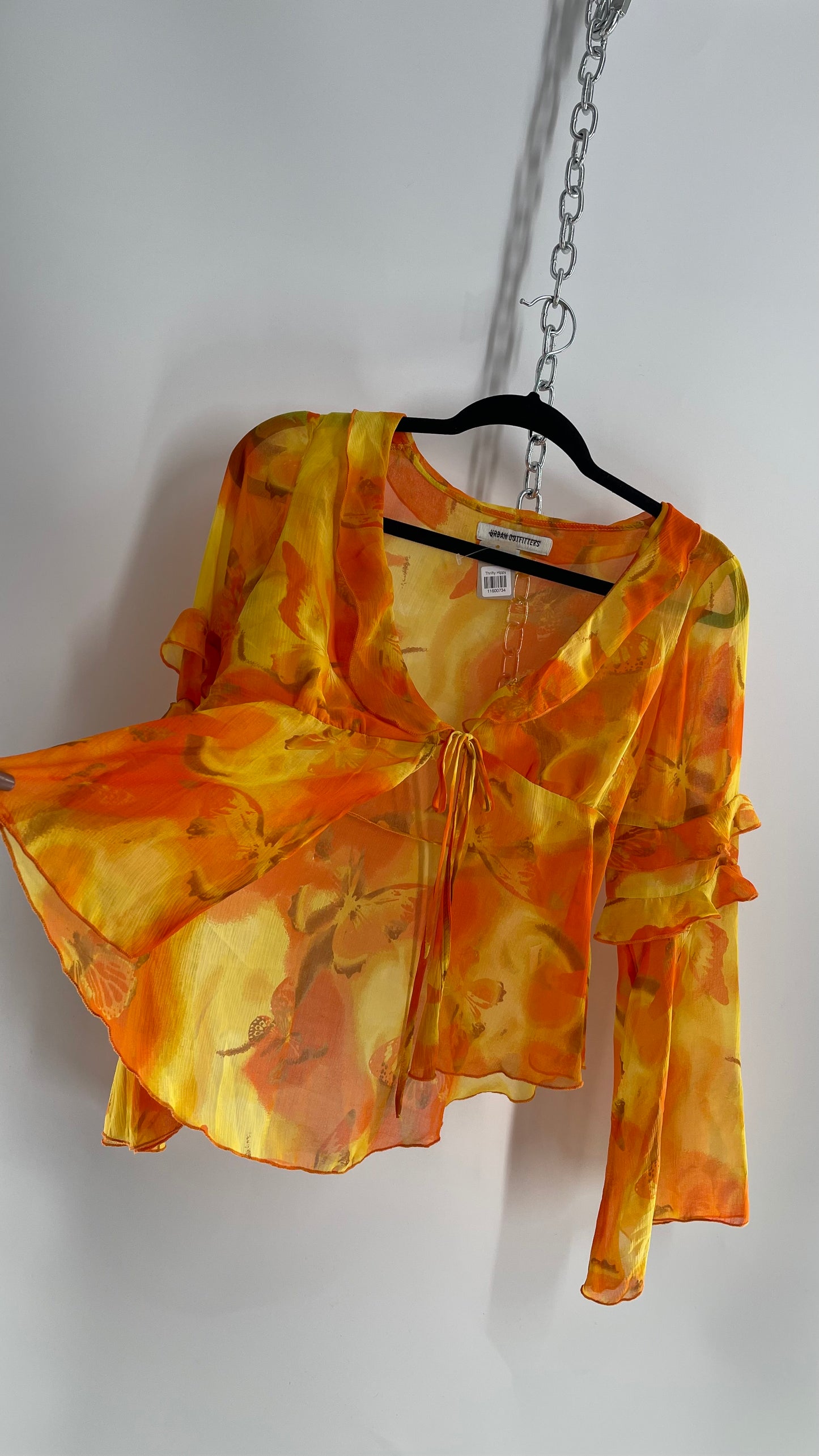 Urban Outfitters Orange Yellow Tie Bust Bell Sleeve Blouse (Small)