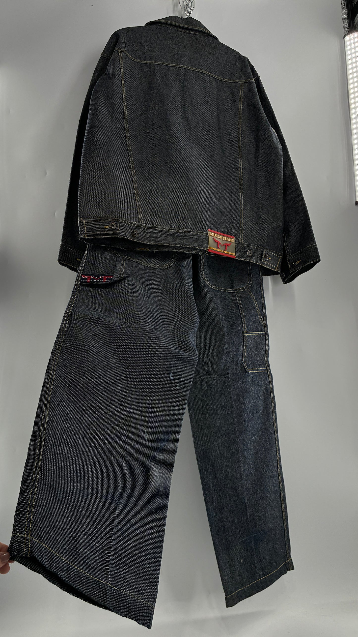 Vintage 1990s MU:KA: JEANS Men’s Dark Wash Japanese Style Denim Baggy Straight Legs and Oversized Jacket Set (L, 32x32)