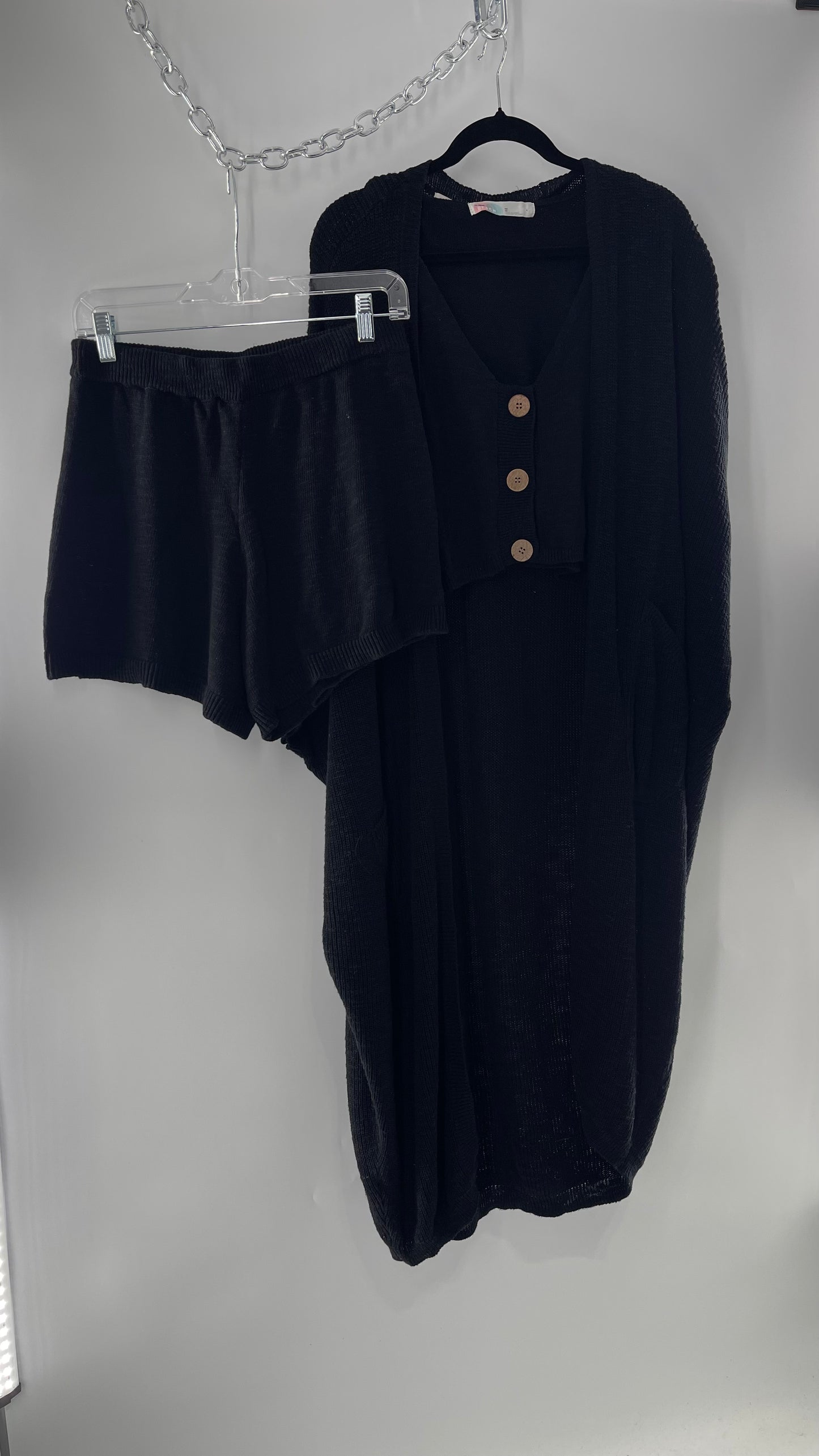 Free People Kai 3 piece Black Knit Cardigan, Tank, Shorts Set with Extra Button Never Worn (Medium)