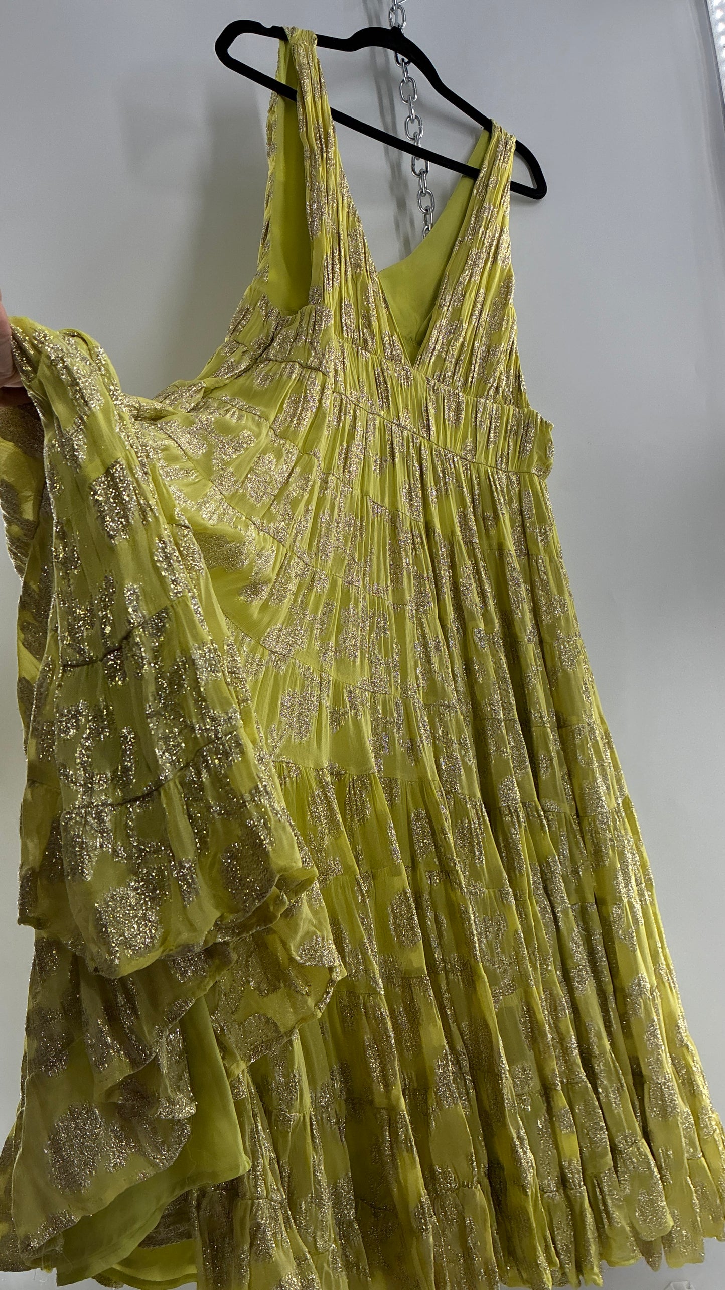 LET ME BE Lime Yellow/Green Ultra Voluminous Tiered Dress with Gold Metallic Jacquard Appliqué Pattern (XL)