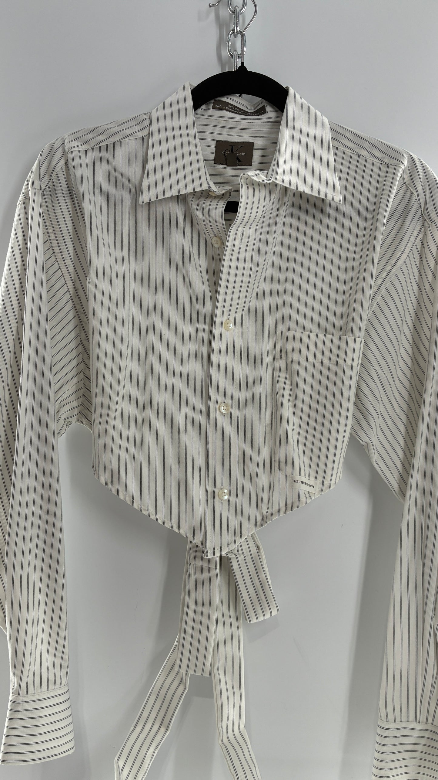 Vintage CALVIN KLEIN Reworked Button Front Backless White Striped Blouse (One Size)
