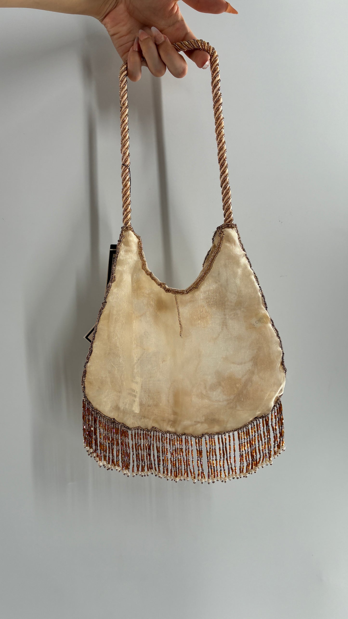 Vintage Deadstock Beige Beaded Fringe Purse with Embroidered Beaded Florals
