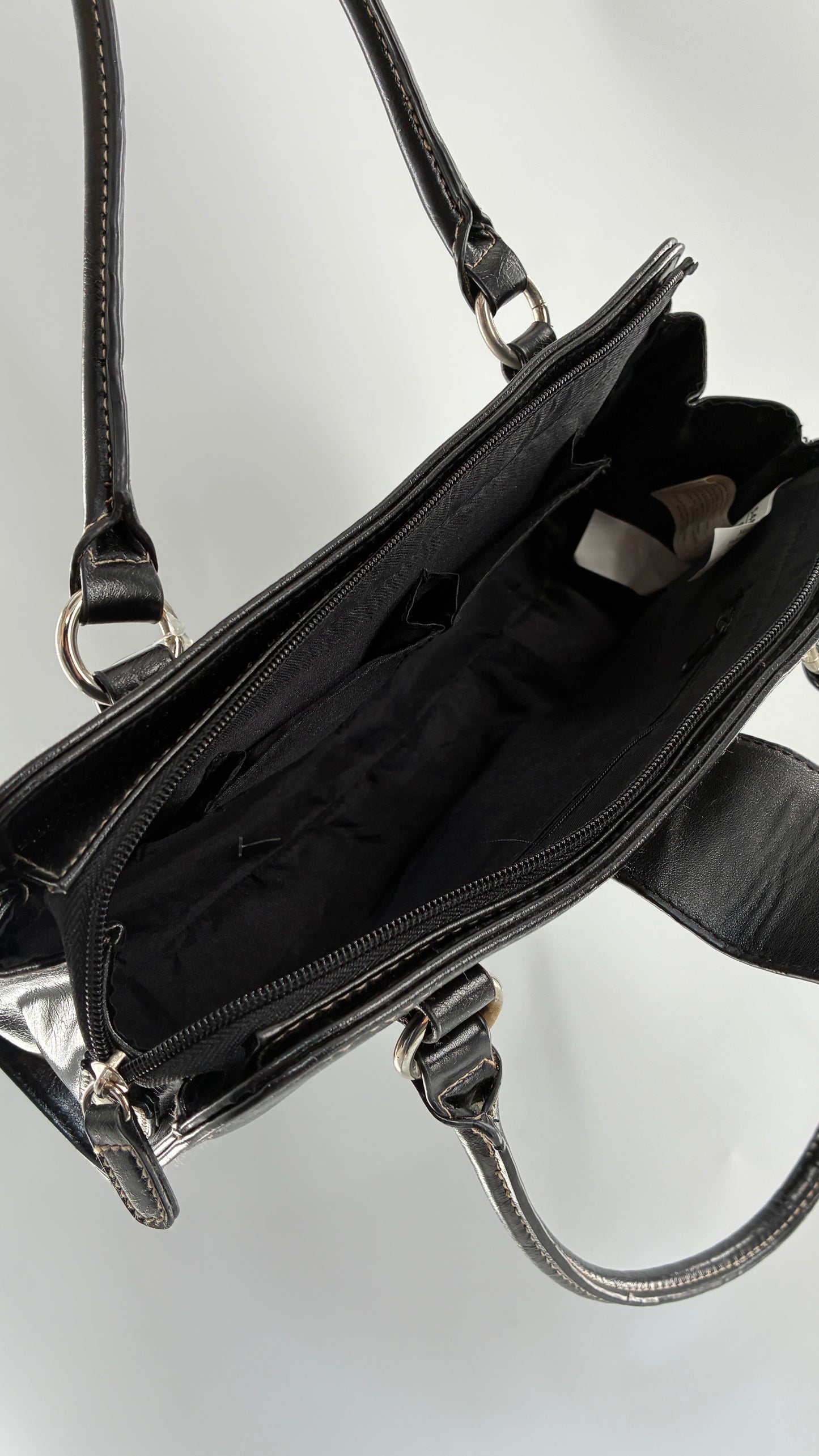 Deadstock Vintage MINICCI Black Shoulder Bag With Silver Hardware, Exaggerated Stitching