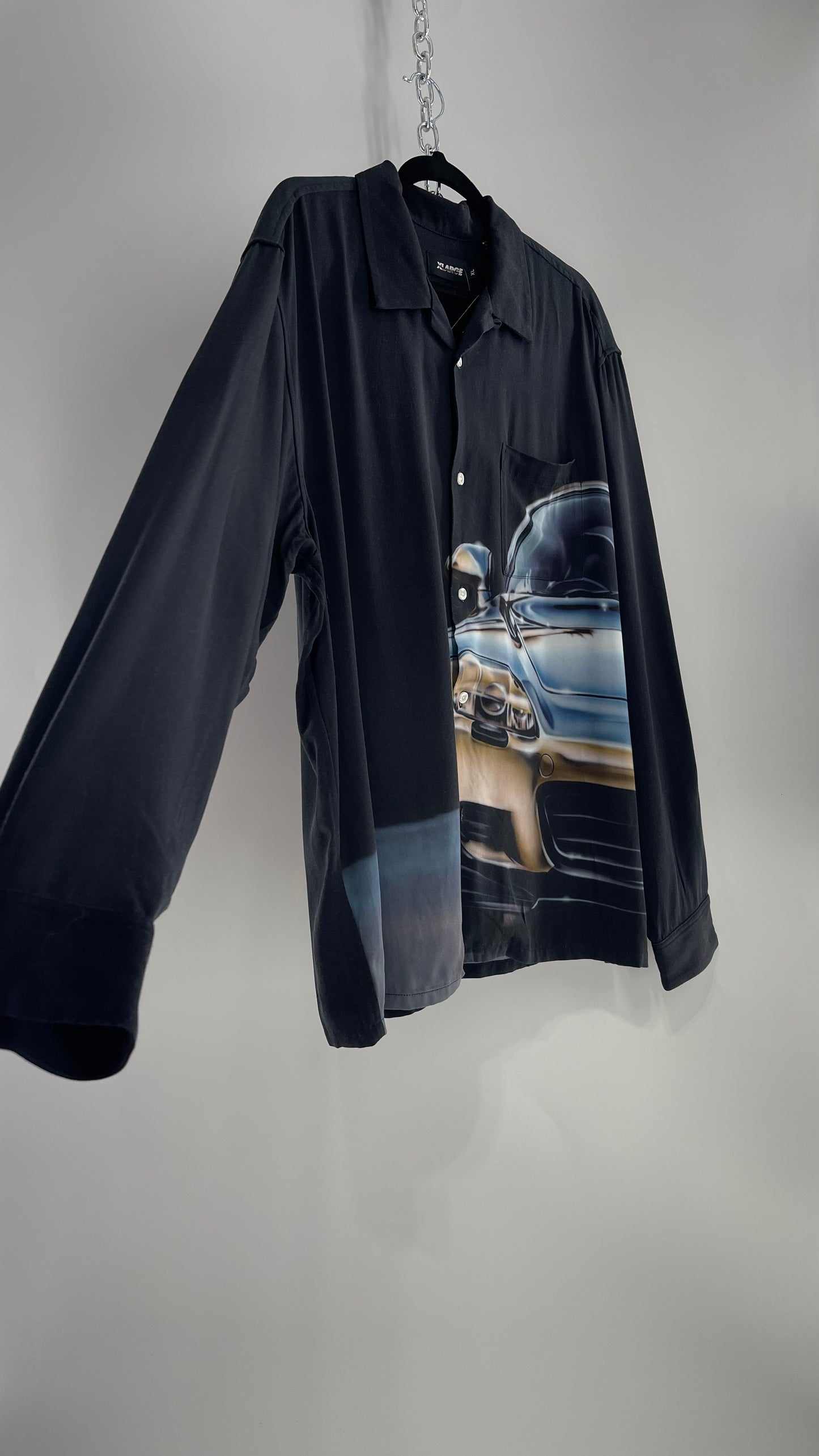 XLARGE Black 100% Rayon Men’s Button Up with HD Futuristic Car Graphic (XL)
